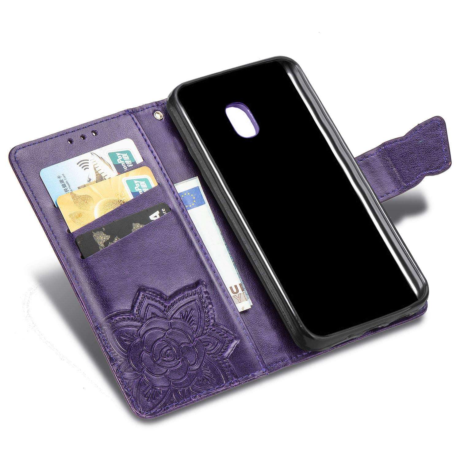 Cmeka 3D Butterfly Flower Wallet Case for Samsung Galaxy J7 2018/J7 Aero/J7 Star/J7 Top/J7 Crown/J7 Aura/J7 Refine/J7 Eon with Credit Card Slots Holder Slim Flip Leather Protective Case Purple 2