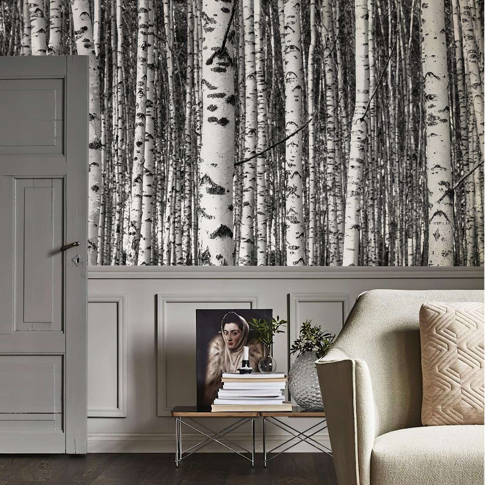 Peel and Stick Wallpaper Mural Birch Trees Nature Forest Wall Mural (148"x 98") Large 3D Murals Home Decor for Bedroom Livingroom Backdrop Black and White Wall Covering Poste 5