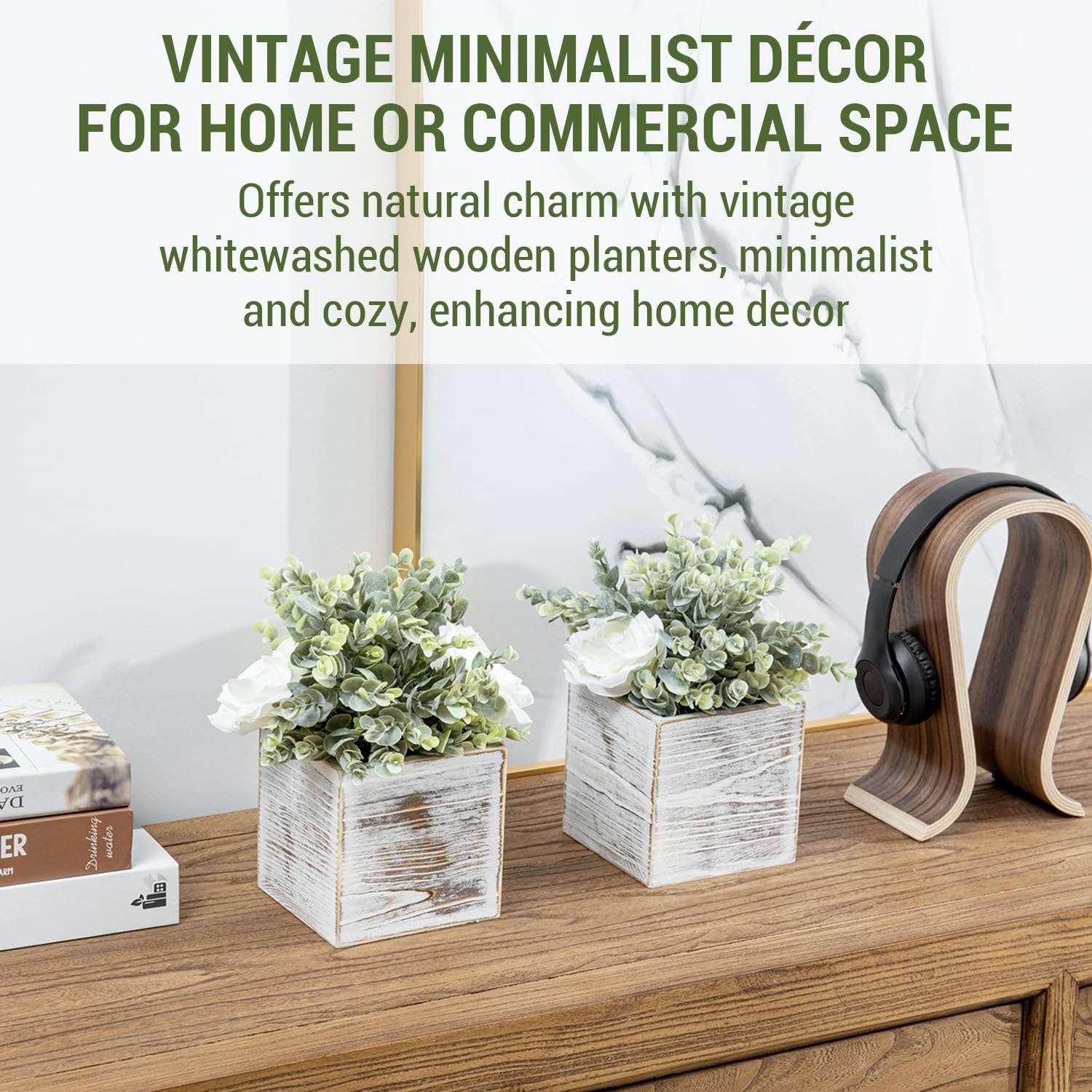 MyGift Artificial White Rose and Eucalyptus Boxwood in Shabby Whitewashed Solid Wood Square Box Planters, Faux Floral Arrangement Table Centerpiece Home Decor, Set of 2 3
