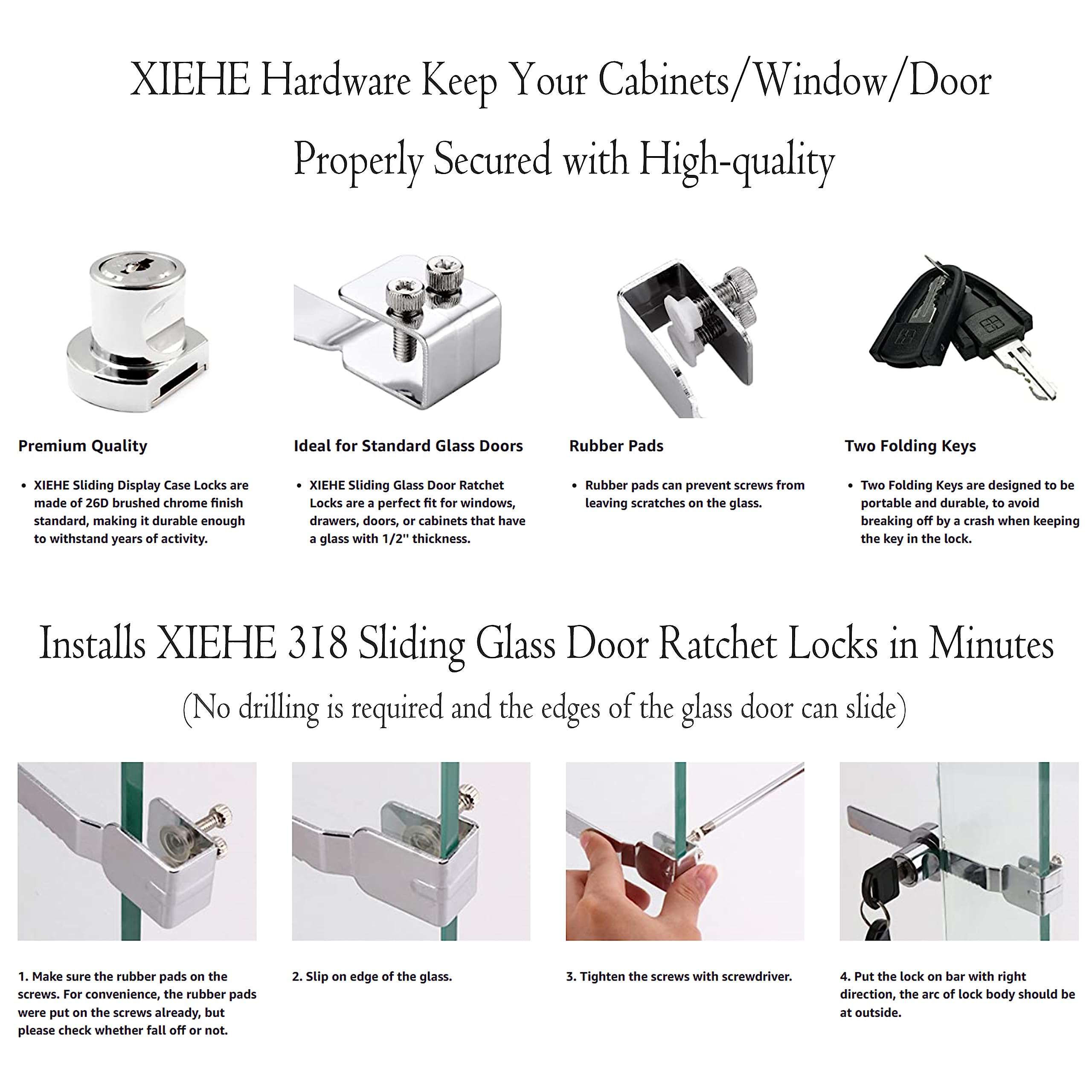 XIEHE 318 Sliding Window Locks, Closet Locks for Sliding Glass Doors with 2 Keys, Display Cabinet Showcase Lock with Chrome Finish, No Drill Burglar Bars for Sliding Doors (2 Pack, Keyed Different) 3