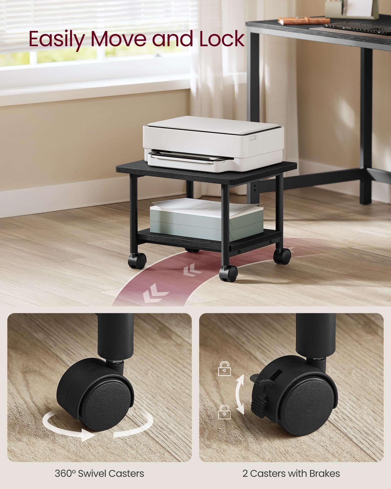 VASAGLE Heavy-Duty Printer Stand with Locking Wheels, 2-Tier Industrial Mobile Cart with Storage Shelf, Under Desk Printer Table for Home, Office, 13.4" Height, Ebony Black UOPS02B 5