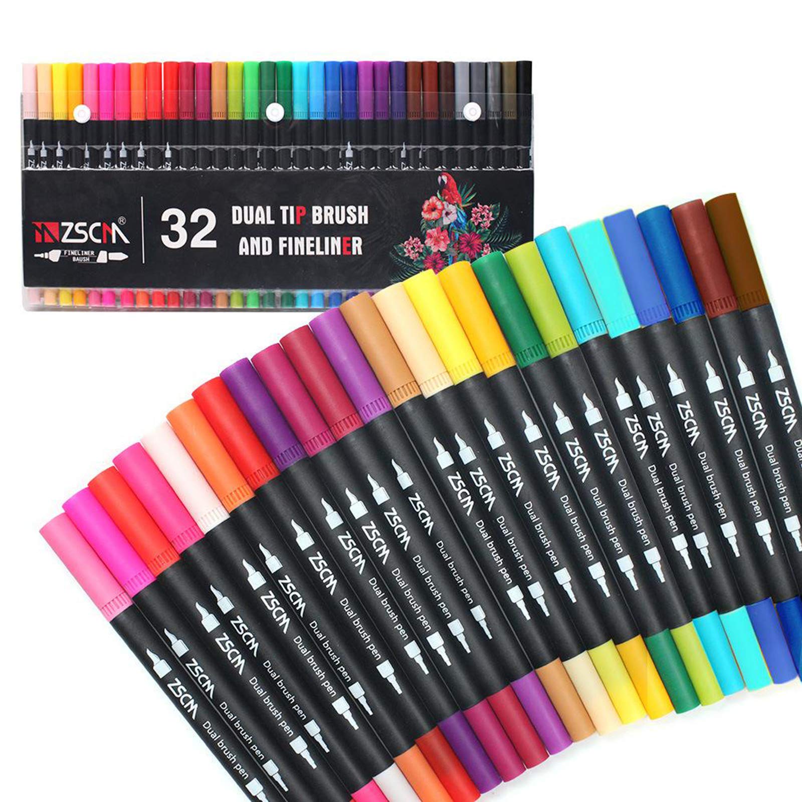 Generic Dual Tip Brush Pen Art Markers with Fineliner Tip 32 Colors for Artists