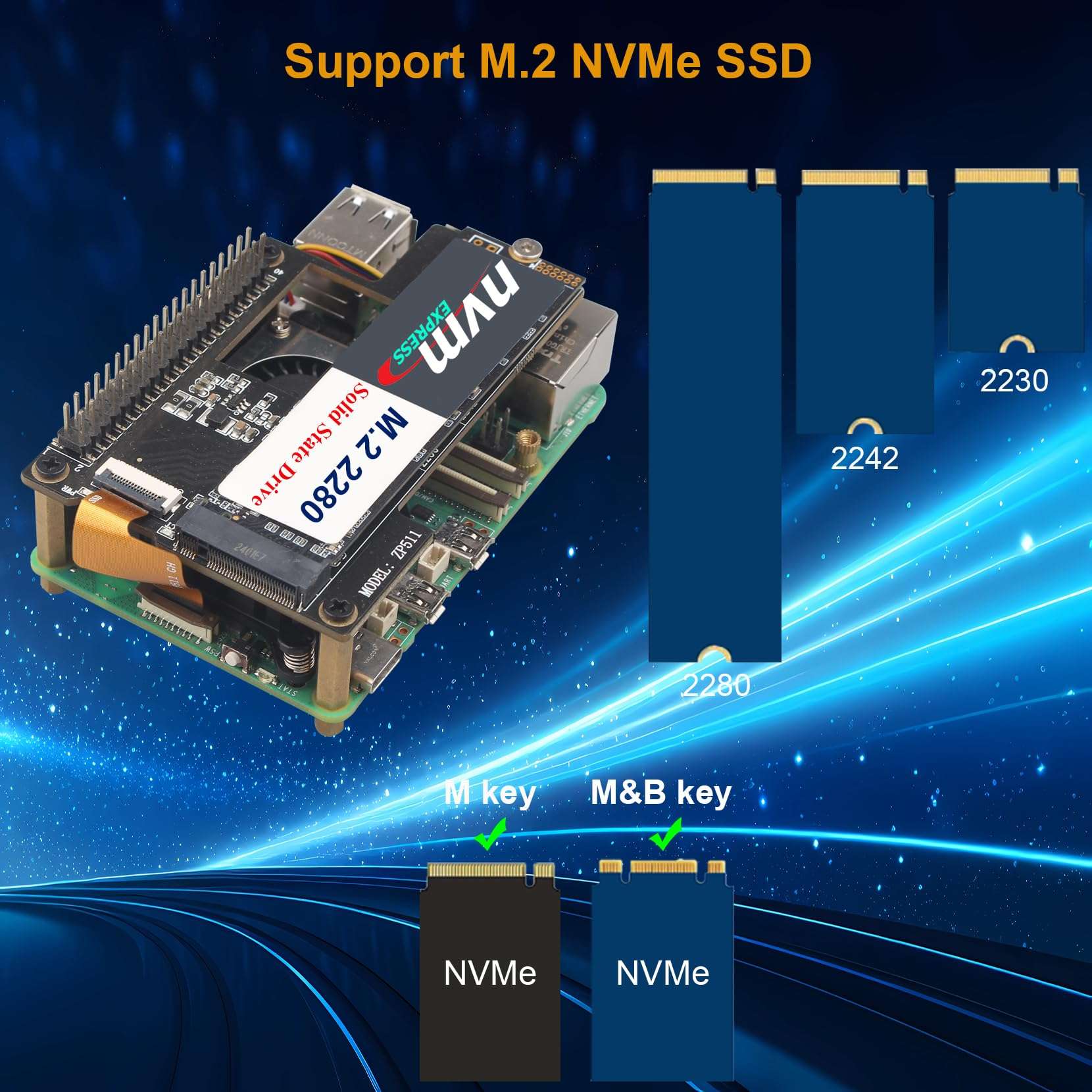 ZDE ZP511 PCIe to M.2 Key M NVMe SSD HAT with Aluminum Case ZC501 and Active Cooler ZP536 for Raspberry Pi 5 Support M.2 NVMe SSDs 2230 2242 2280 3