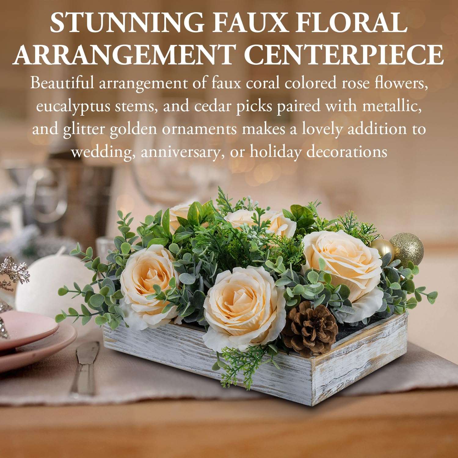 MyGift Artificial Champagne Rose Arrangement in Whitewashed Wood Box – 10.5" Faux Light Peach Flower Centerpiece with Greenery & Gold Accents for Wedding or Home Decor 3