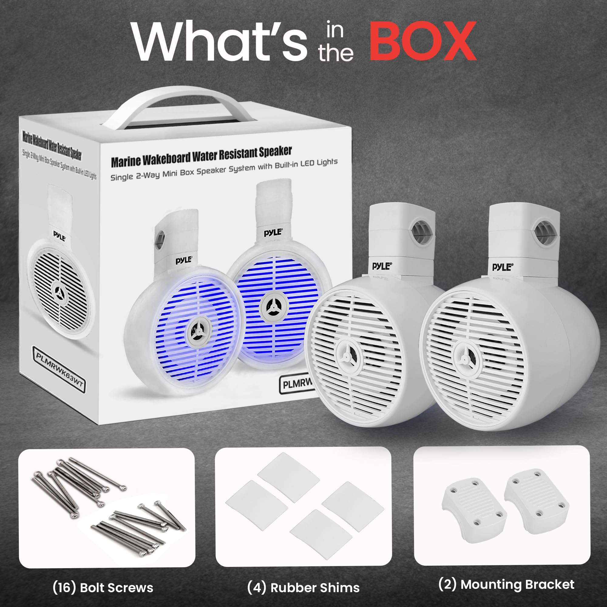 Pyle 6.5" Marine Wakeboard Speaker - 200W Waterproof 2-Way Mini Box System, LED Lights, Heavy Duty ABS Construction, Marine Grade Audio for Tubing and Roll-Cage Mounting (White) 2