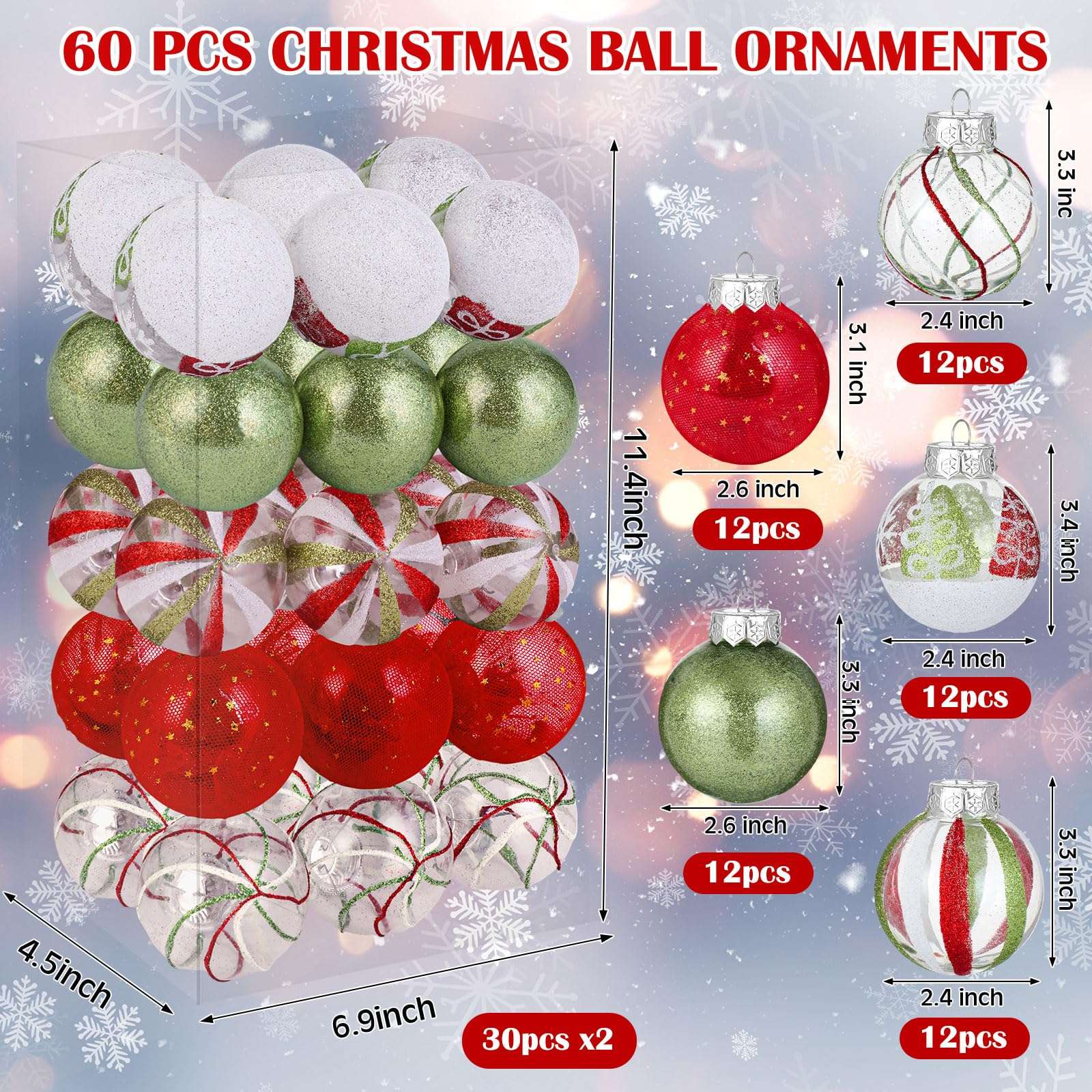 Realspring 60 Pcs 2.4" Christmas Balls Ornaments Bulk, 2024 Red Green and White Ornaments for Christmas Tree Decorations Glittery Plastic Shatterproof Hanging Balls for Xmas Home Party Decor 3