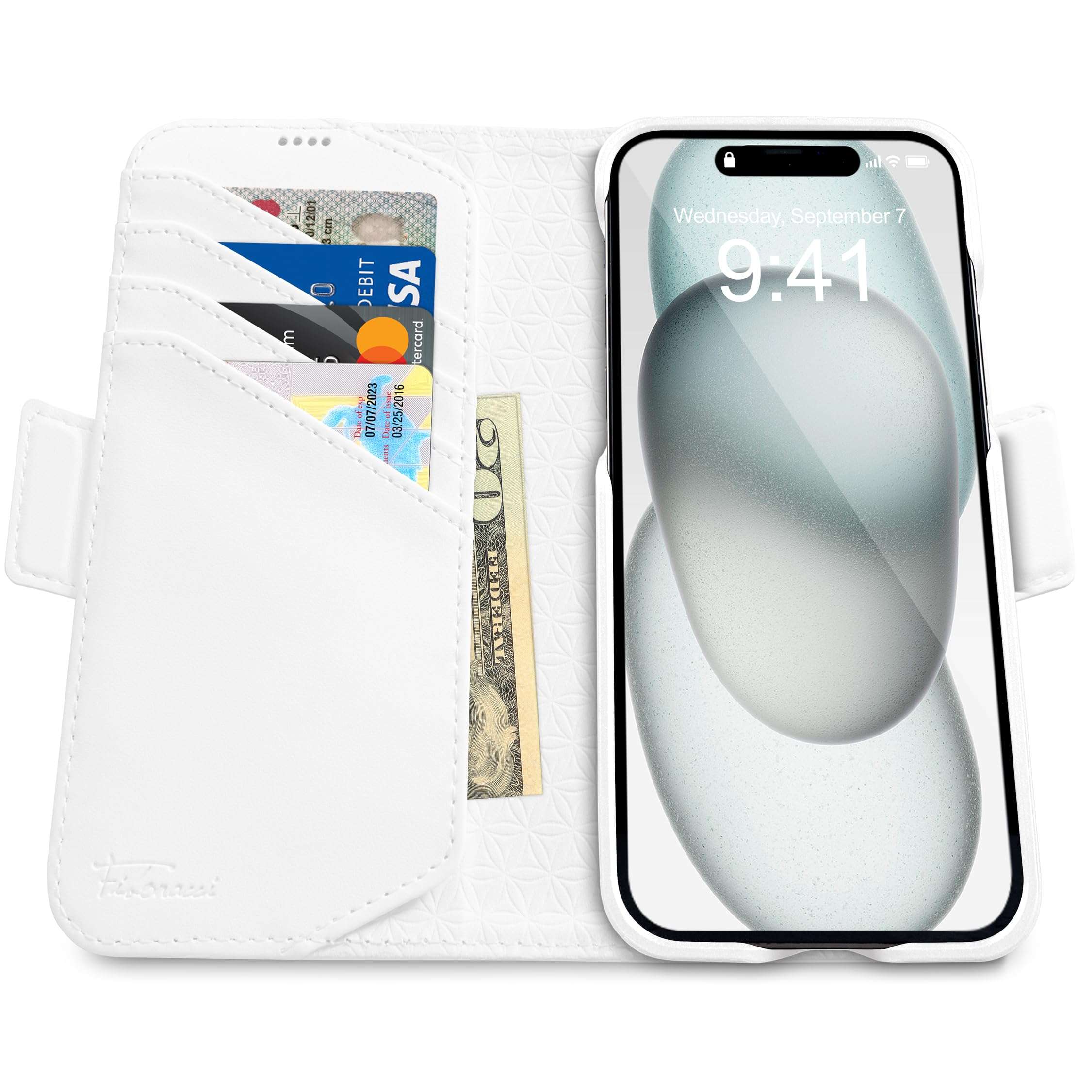 Dreem Bundle: Fibonacci Wallet-Case for iPhone 15 Plus with Om for Apple AirPods 3 Case [White] 4