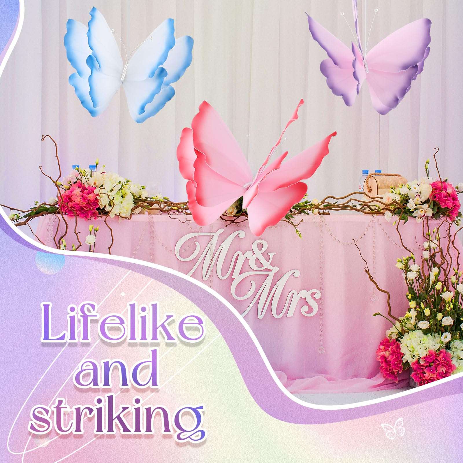 Havawish 3 Pcs Giant Butterfly Decoration Artificial 3D Large Butterflies Prop for Wedding Reception Birthday Garden Banquet Ceremony Church Pink Purple Blue 5