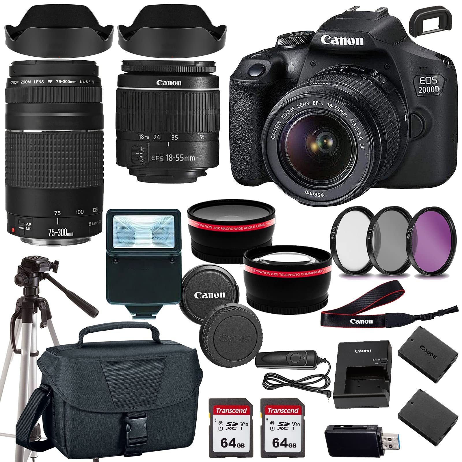 Canon EOS 2000D (Rebel T7) DSLR Camera w EF-S 18-55mm F/3.5-5.6 Zoom Lens EF 75-300mm III Lens+case+128Memory Cards (24PC)