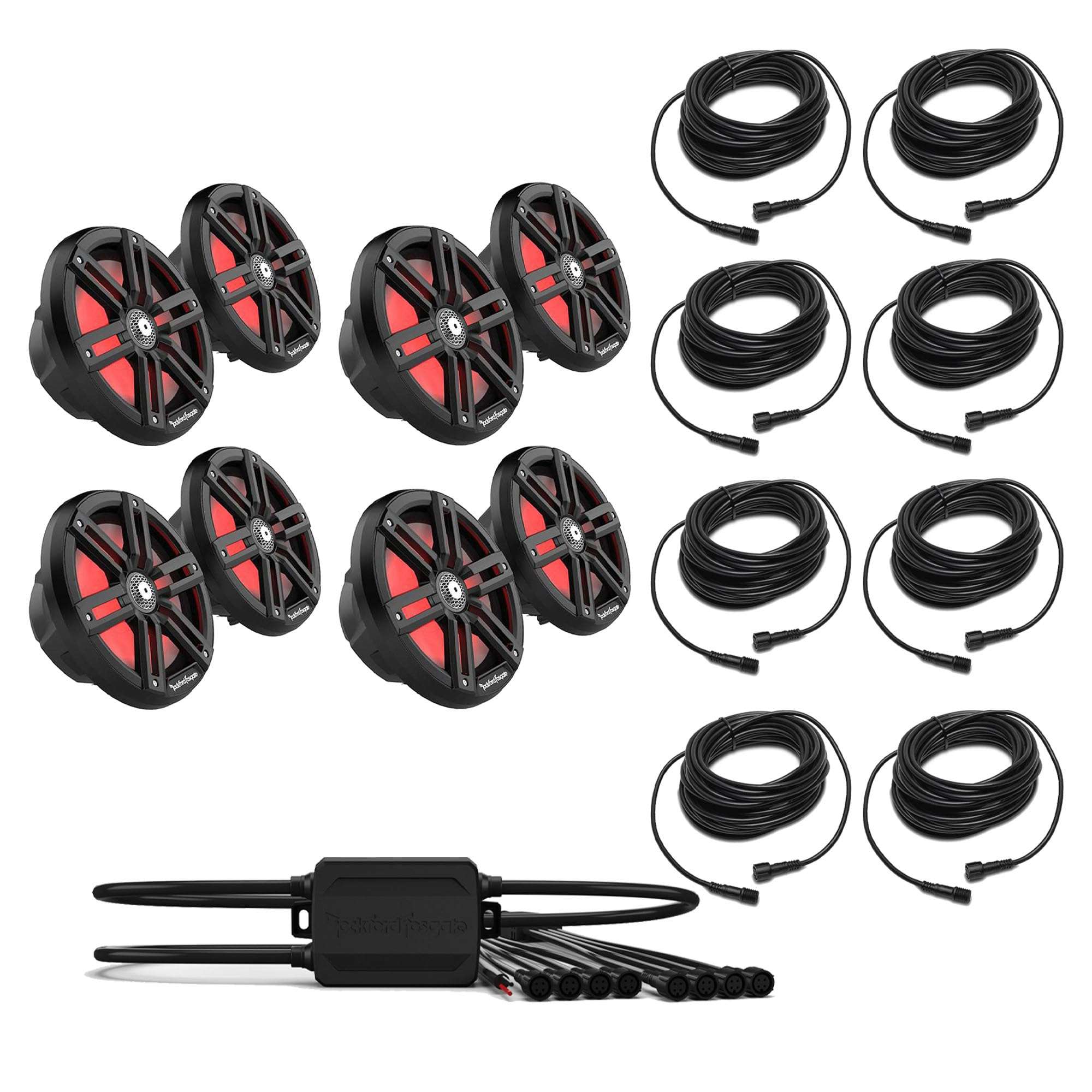 Rockford Fosgate 4 Pair M2-8HB M2 Series 8" Horn Marine Black & Stainless Grilles Included + (1) PMX-RGB Optix Light Controller + (8) RGB-25 25' Extension Cable 1