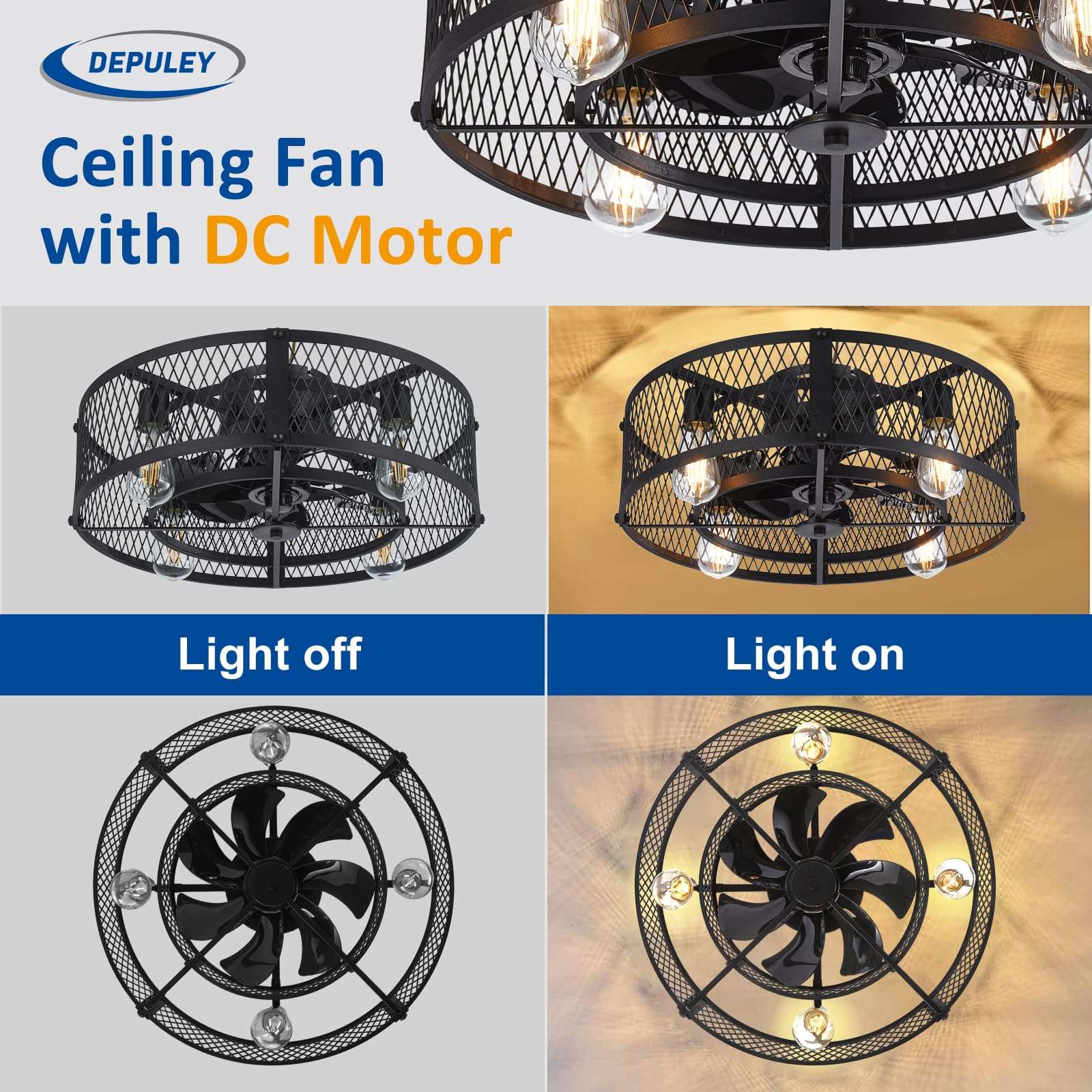 Depuley Small Ceiling Fan with Lights: Low Profile Ceiling Fan Reversible 20" - Industrial Caged Flush Mount Ceiling Fans Light fixture 6 Speeds for Kitchen Bedroom Black E26 Base Bulbs Included 6