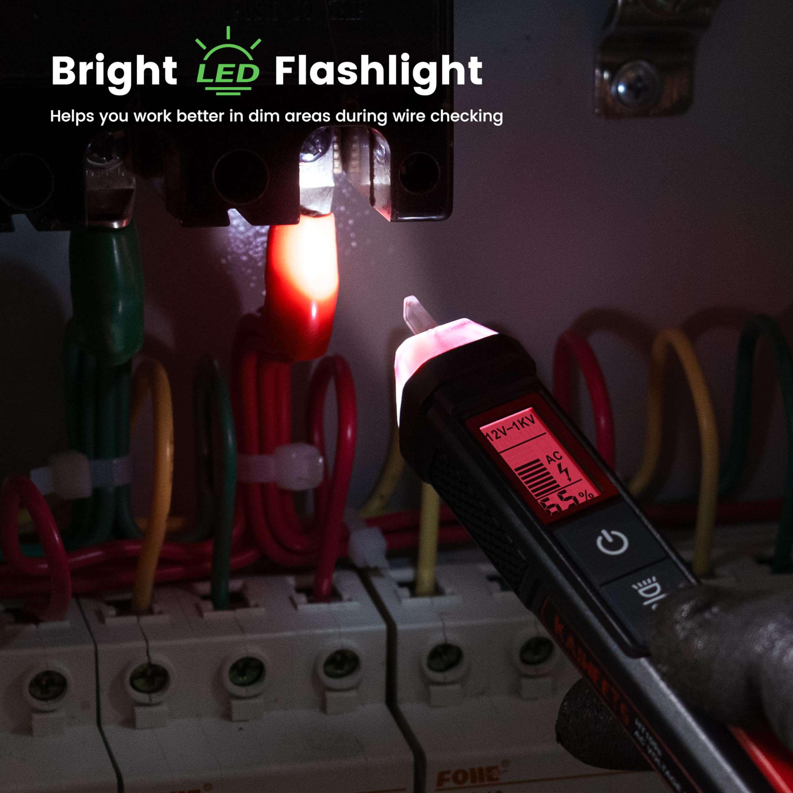 KAIWEETS HT100 Non Contact Voltage Tester AC Electricity Detect Pen 12V-1000V/48V-1000V Dual Range with LCD Display LED Flashlight Buzzer Alarm Wire Breakpoint Finder 5