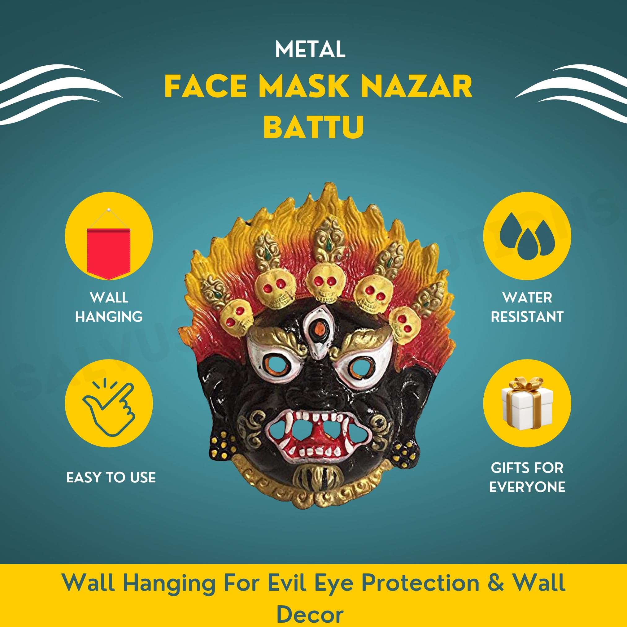 Salvus App SOLUTIONS Wall Hanging Metal Mahakal Face Mask/Nazar Battu for Evil Eye Protection, Home & Office Decor & Gift Item (Set of 2) 4