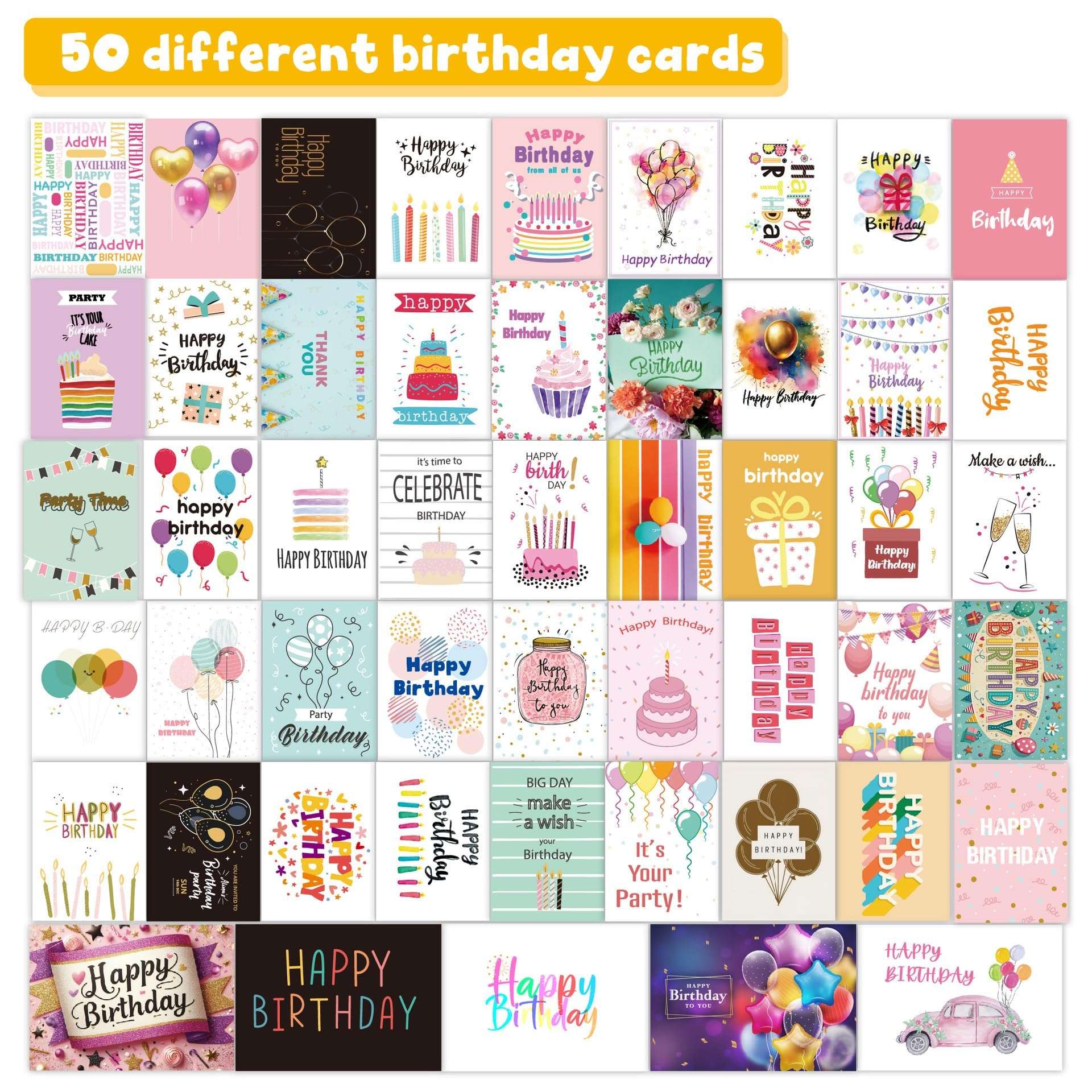 Gift Cards Birthday Unique Birthday Cards with Envelops and Stickers, Assorted Happy Birthday Card, Funny Birthday Cards Bulk for Women and Men (50 Different Birthday Cards Envelops and 110 Stickers) 3