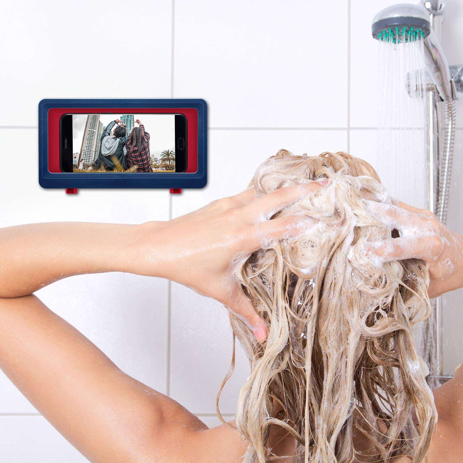 2 Pieces Waterproof Wall Mount Shower Phone Holder Bathroom Phone Storage Case Shelf Adhesive Shower Phone Box for Bathroom Mirror Bathtub Kitchen, Blue and White 6