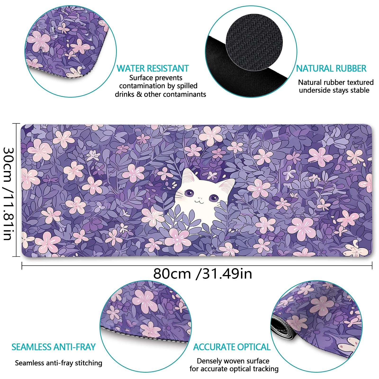 LIMKRIAN Cat Purple Mouse Pad Large Desk Mat, Kawaii Purple Computer Mousepad with Stitched Edges Non-Slip, Keyboard Mouse Pad for Desktop Cute Office Supplies Desk Decor Accessories 31.5x11.8 in 6