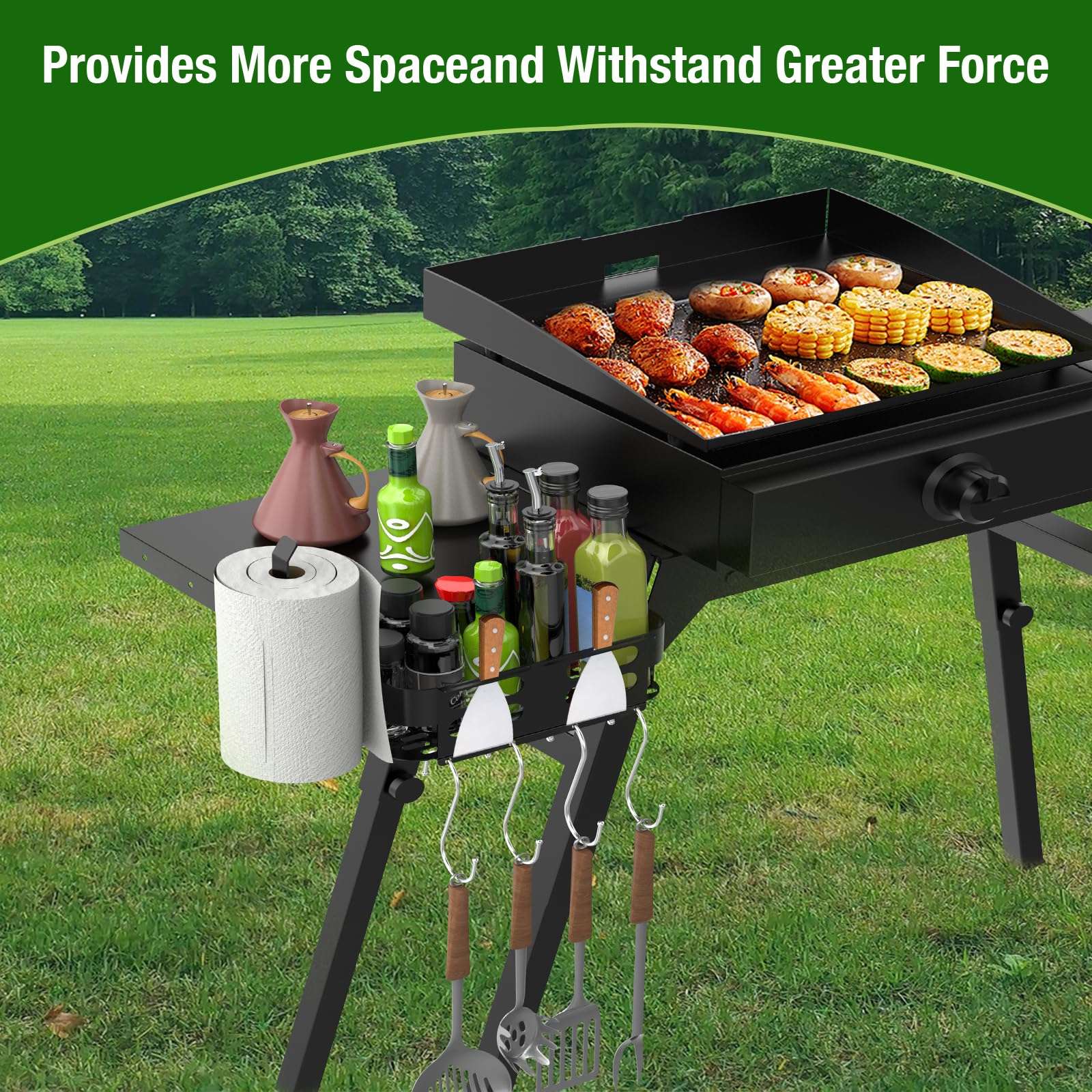 Griddle Stand Side Shelf and Griddle Caddy for Blackstone 17" 22" Griddle Stand, Griddle Shelf and Grill Caddy for Blackstone 5013 Griddle Stand with Tool Hooks, Paper Towel Holder and Spatula Holder 5