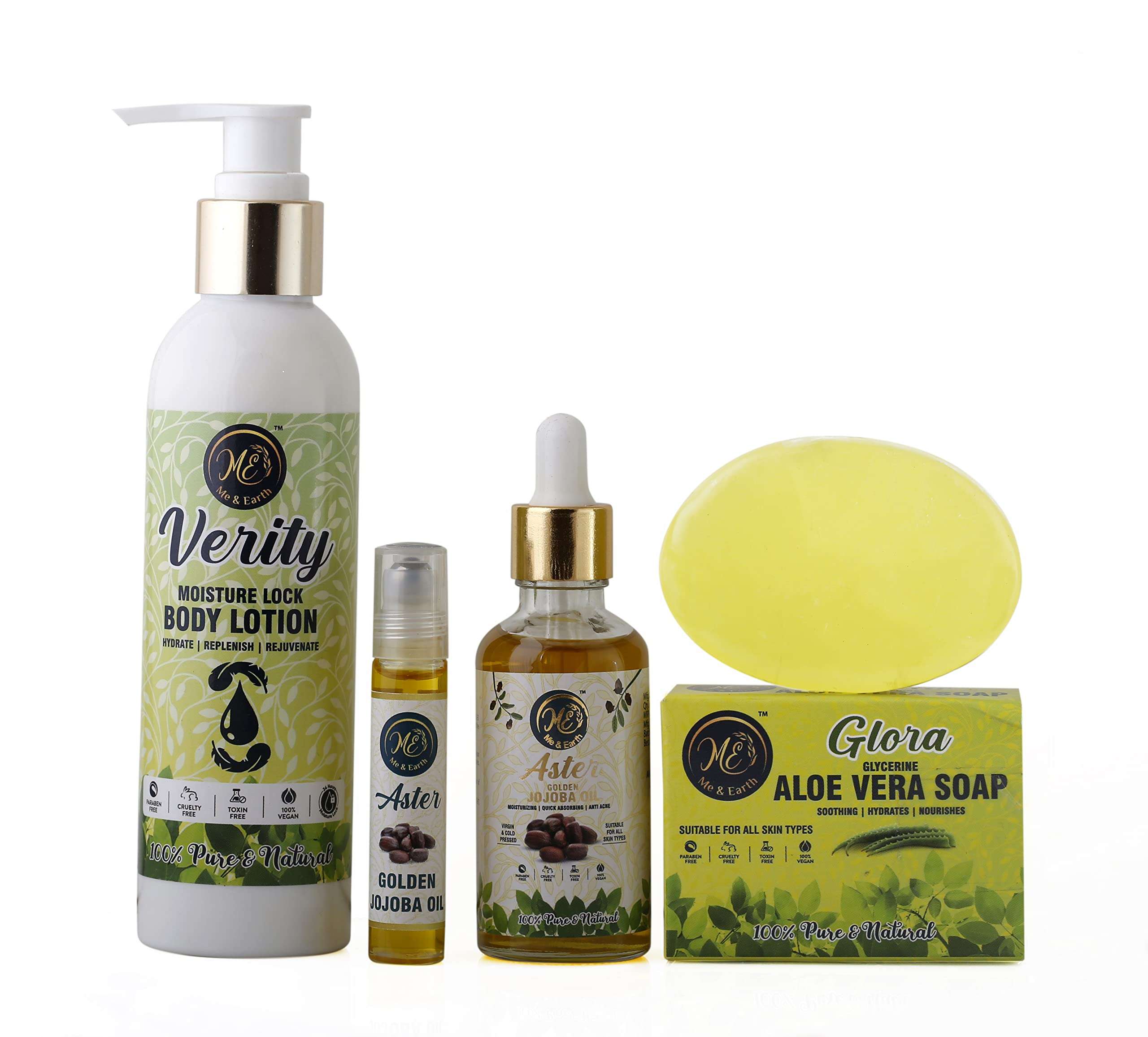 Me And Earth Skincare Combo For Dry Skin Pack Of Aloe Vera Soap (100gm) Jojoba Oil Body Lotion (200ml) & 1 The Golden Jojoba Oil (50 ml) 1