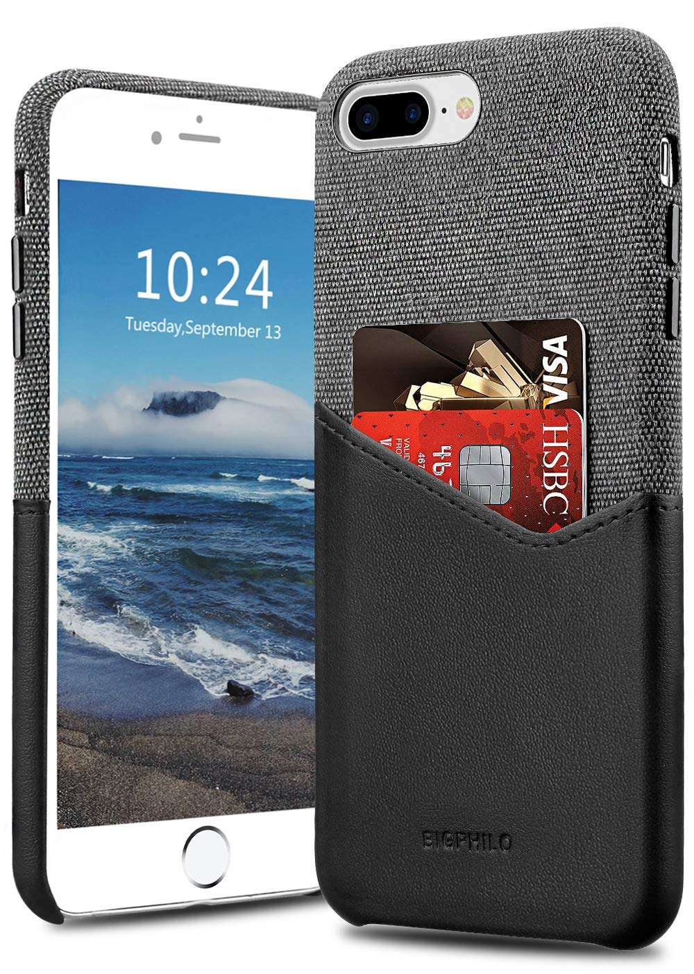Bigphilo iPhone 7 Plus Case & iPhone 8 Plus Case with Card Holder, Mix Series Wallet Style Slim Cover, Soft-Touch Fabric with Vegan Leather Case for iPhone 7 Plus and iPhone 8 Plus - Black/Black 1