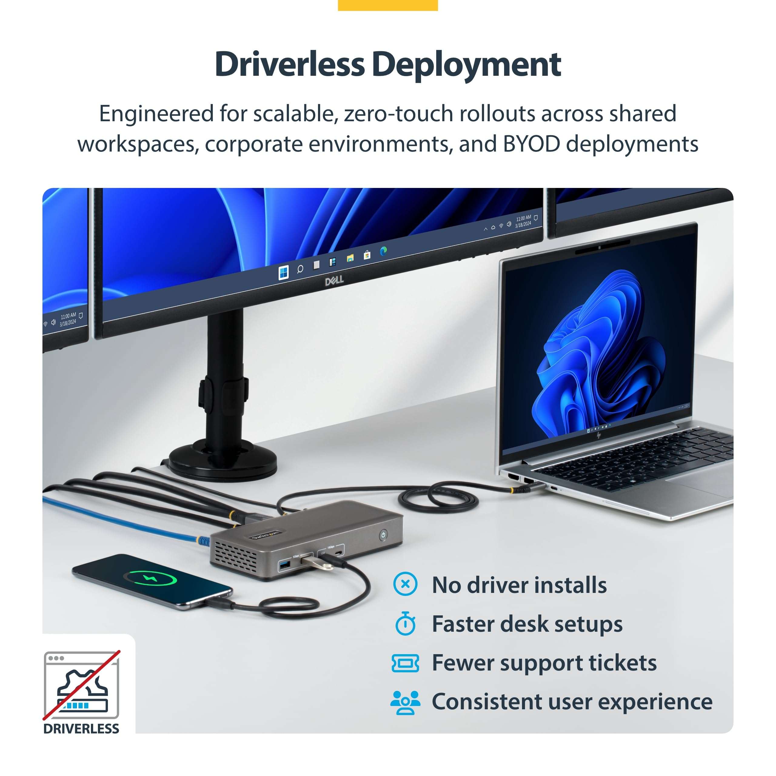 StarTech.com USB-C Docking Station Triple 4K 60Hz Displays, 100W Power Delivery, 6 USB Ports (10Gbps), Gigabit Ethernet, DisplayPort + HDMI, Driverless Windows Laptop Dock (199N-USBC-DOCK) 6