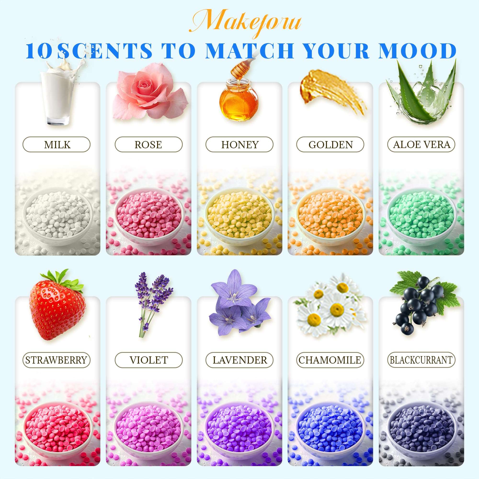 Hair Removal Wax Beads 2.2lb (1000g), Hard Wax Beads for Whole Body, Painless Hair Removal Wax Bead Set for Women and Men, 10 Flavours, Contains 20 Wax Sticks 3