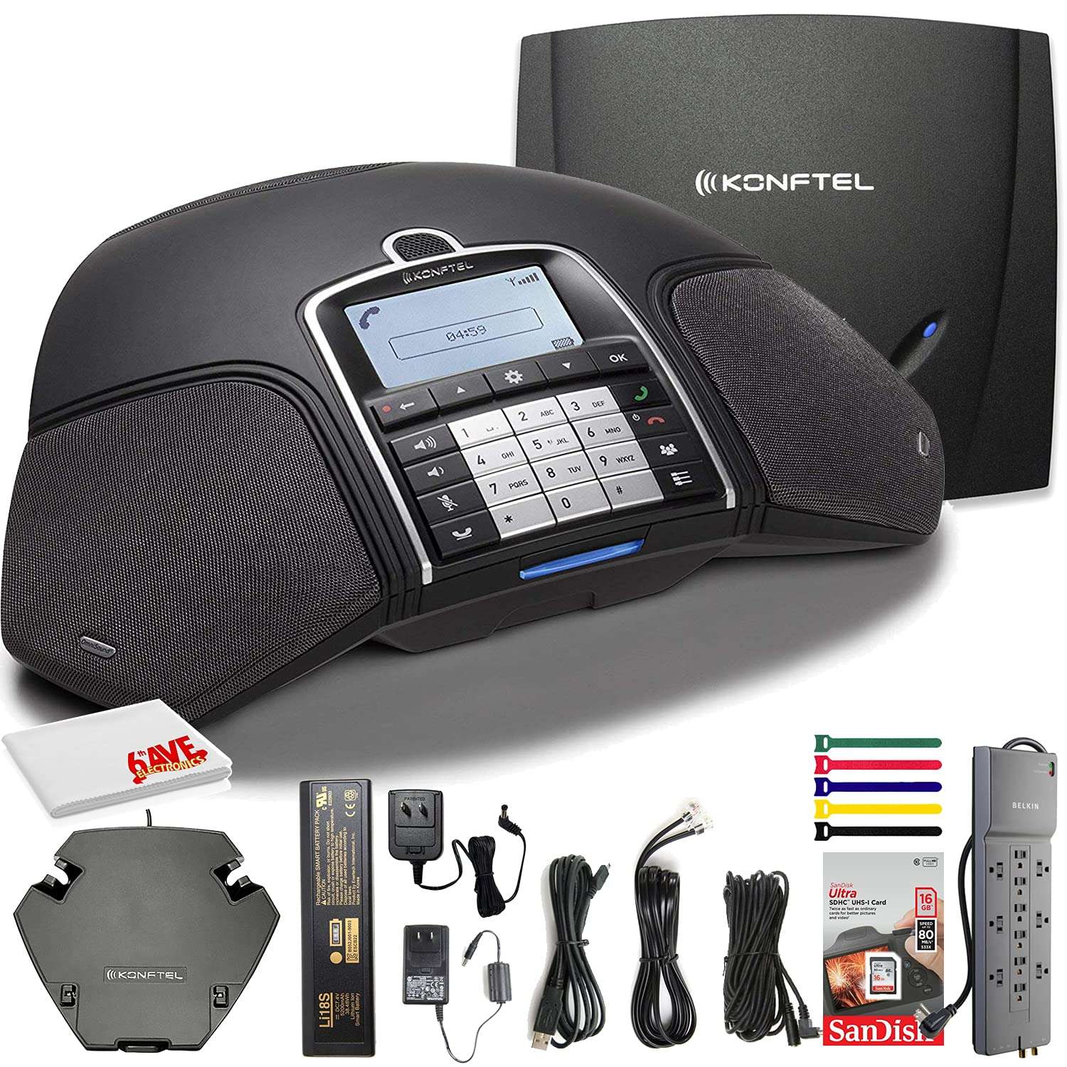 Konftel 300Wx Wireless Conference Phone w/Analog DECT Base Station + Sandisk 16GB Card to Record Calls + Belkin PowerStrip and More - Conference Room Bundle 1