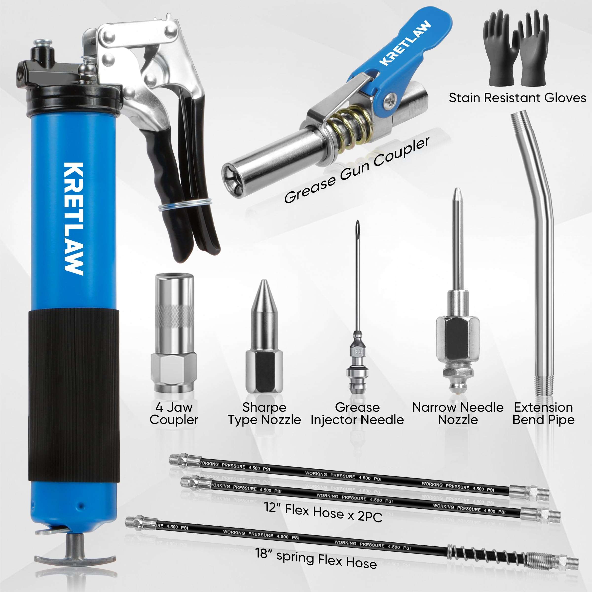 KRETLAW Grease Gun, 7000 PSI Heavy Duty Professional Pistol Grip Grease Gun Kit 14 OZ with Coupler, Double Grease Injector Needles, 18" & 2pc 12" Flex Hoses and Reinforced Glove 3