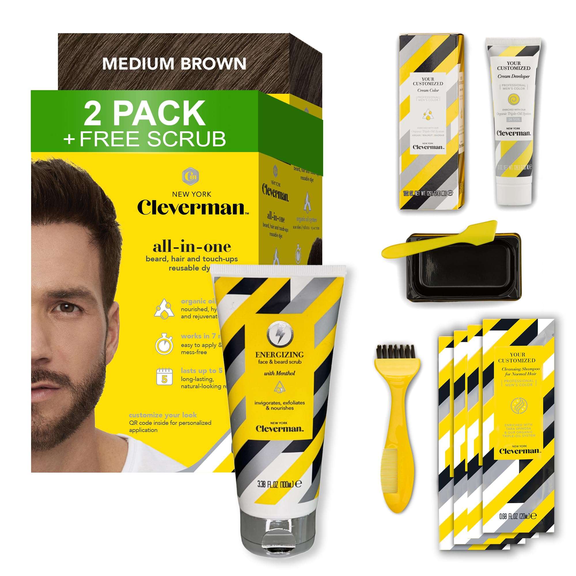 Cleverman 2 Pack - Medium Brown Hair & Beard Dye for Men x2 + 1 Free Energizing Face & Beard Scrub 1