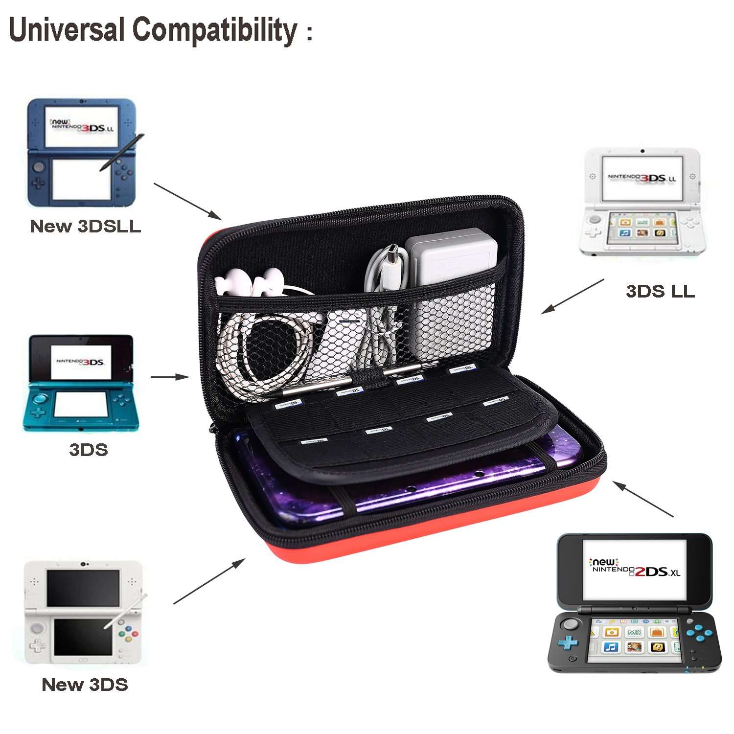 AKWOX Carrying Case Compatible with for Nintendo New 3DS XL,3DS XL,Hard Travel Protective Shell for Console& Game (Red) 3