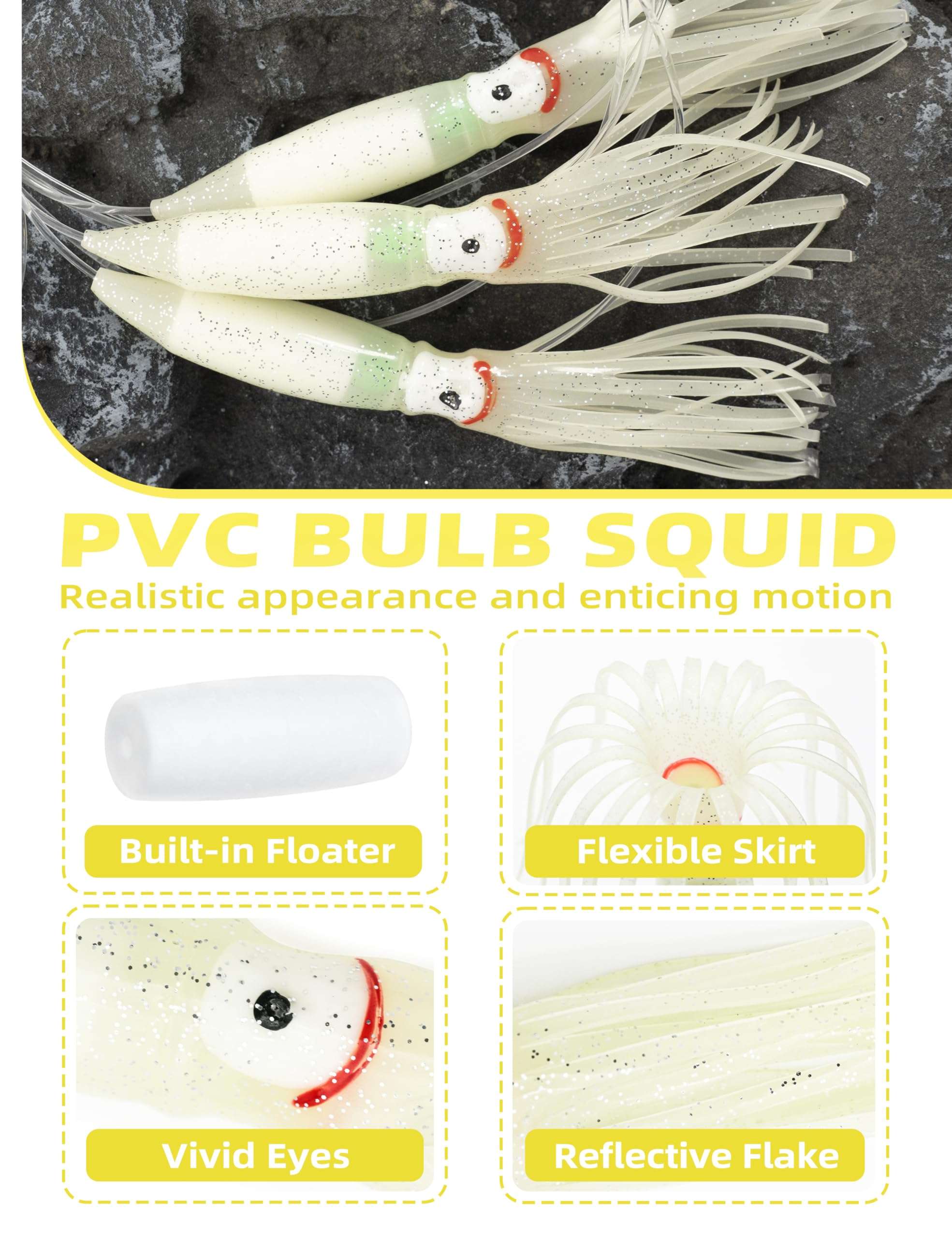 BLUEWING 18" Upgraded Fishing Spreader Bar Formation with 9" Floating Squids and 316 Stainless Steel Rod Offshore Spreader Bar for Wahoo Tuna Marlin Mahi Mahi, Luminous 4