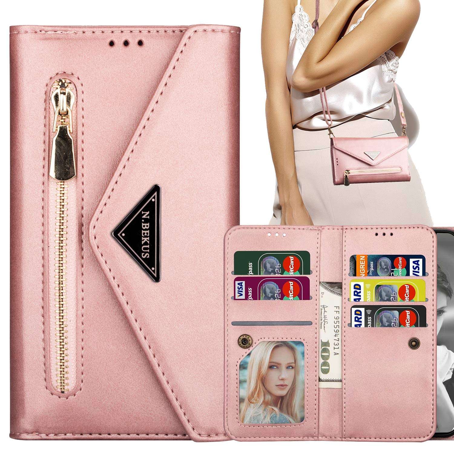 Harsel 7 Card Slots PU Leather Crossbody Wallet Women Purse Magnetic Closure Zipper Kickstand Folio Flip Handbag Case Protective Cover with Shoulder Strap for iPhone 11 Pro (Rose Gold) 1