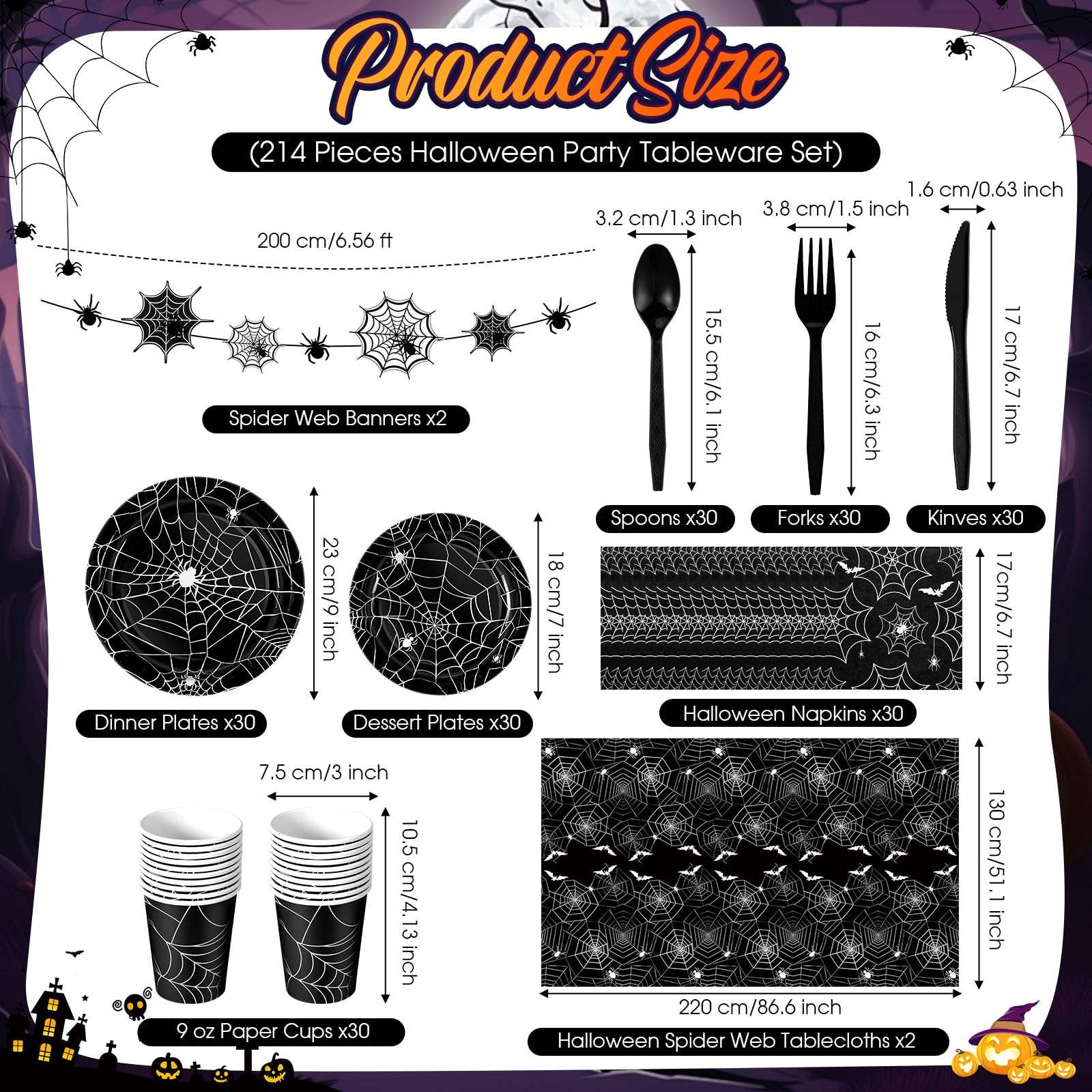 Mimorou 214 Pieces Halloween Party Tableware Set Spider Web Plates Cups Table covers Banner Party Decorations for Birthdays Happy Halloween Eve Decor Themed Cocktail Party Home Decoration 4