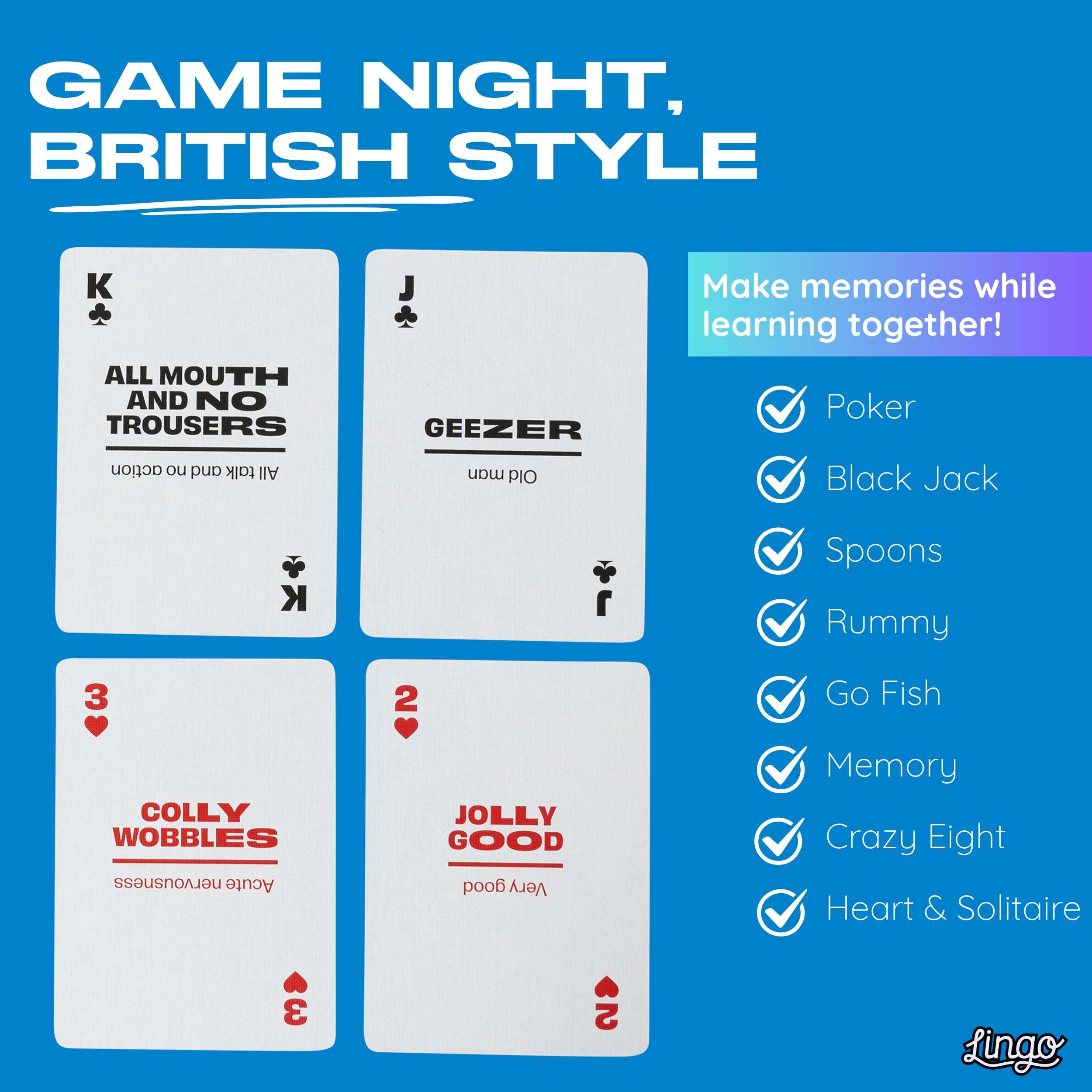 Lingo British Slang Playing Cards in Wayfarer Tin Box | Travel Flashcards | Learn British Vocabulary in A Fun & Easy Way | 52 Essential Translations 2