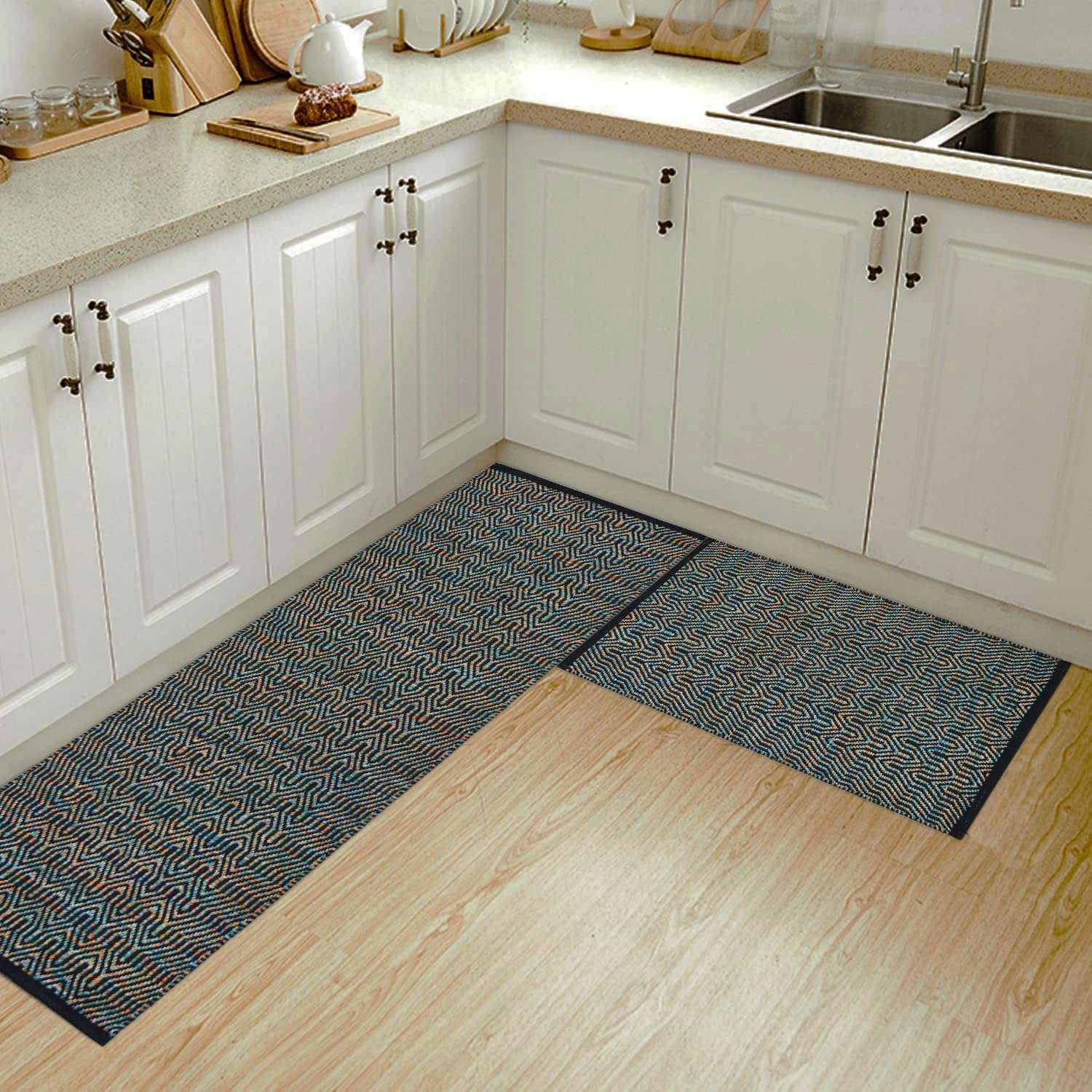 house of handmade™- Anti Slip Kitchen Mat Combo- 2 Pieces (Runner+Mat) Size- 50X140 & 50X80 cm, Handwoven Cotton Floor Rugs, Machine Washable. Black Melange 3