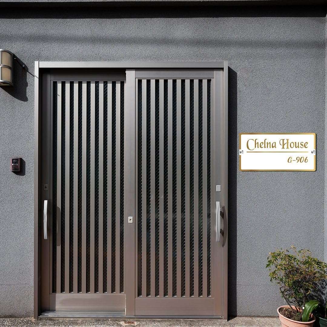 CHELNA Customized Rectangle Golden Glossy Mirror Border White Name Plate with Golden Laser Cut Letter for Entrance Decoration(25x16) 4