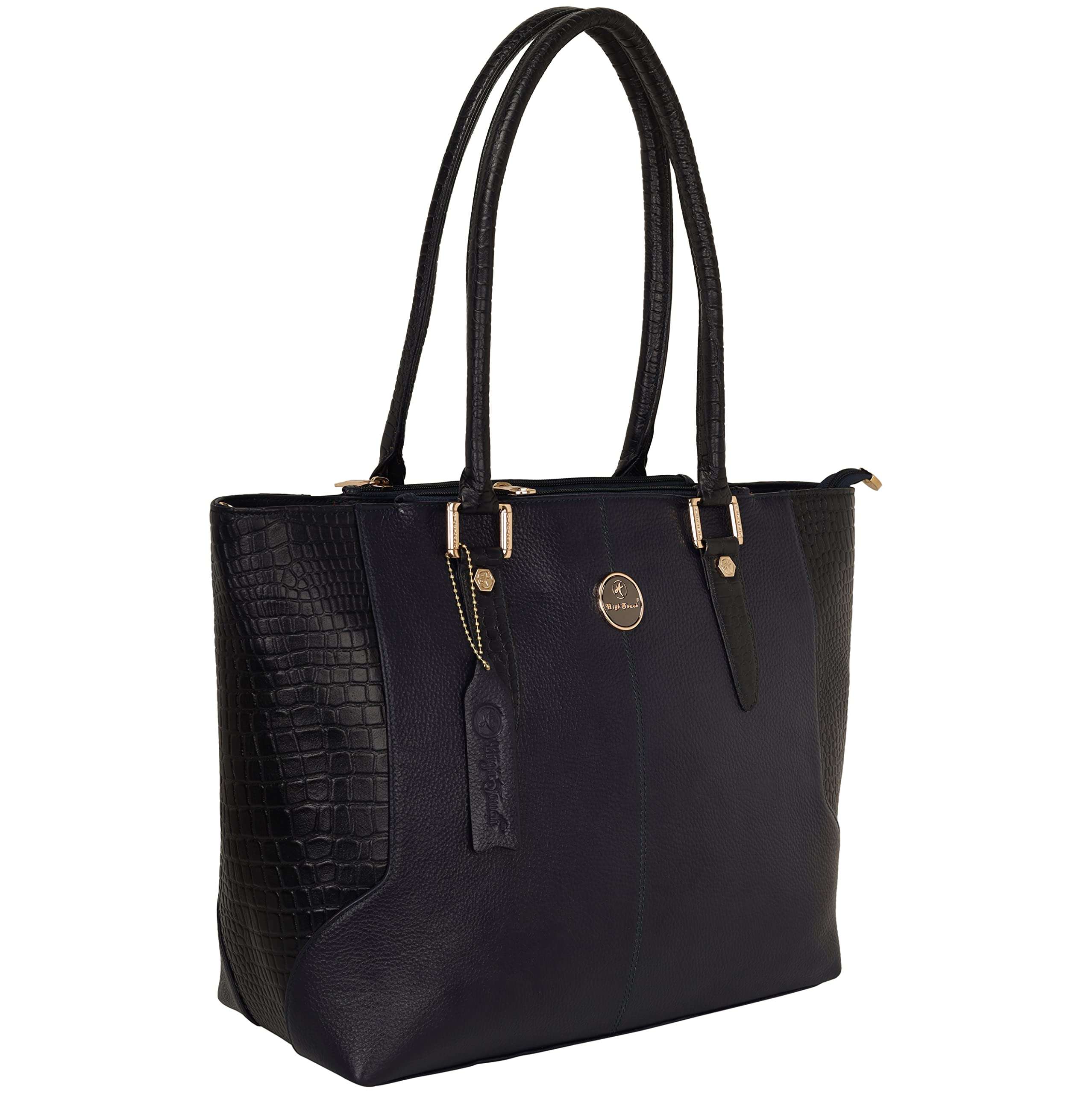 HIGH TOUCH Leather Side Croco Texture Women's Handbag/Shoulder Bag (Black) 4