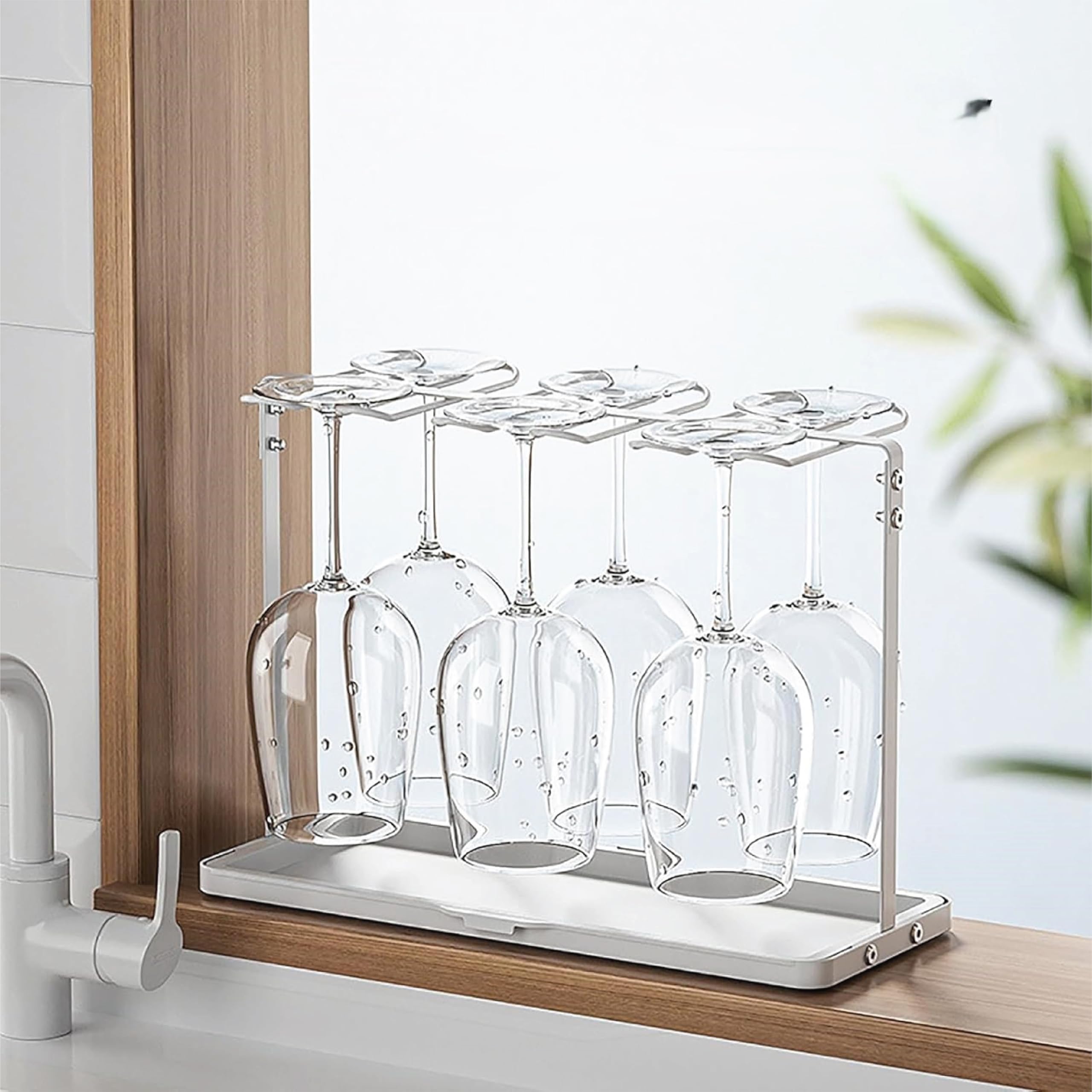 ARHAT ORGANIZERS Wine Glass Holder with Drain Tray | Countertop Stemware Rack with Water Tray | Hanging Wine Glass Stand & Tabletop Organizer | Under Shelf Hanging Storage Rack for Home Bar & Kitchen
