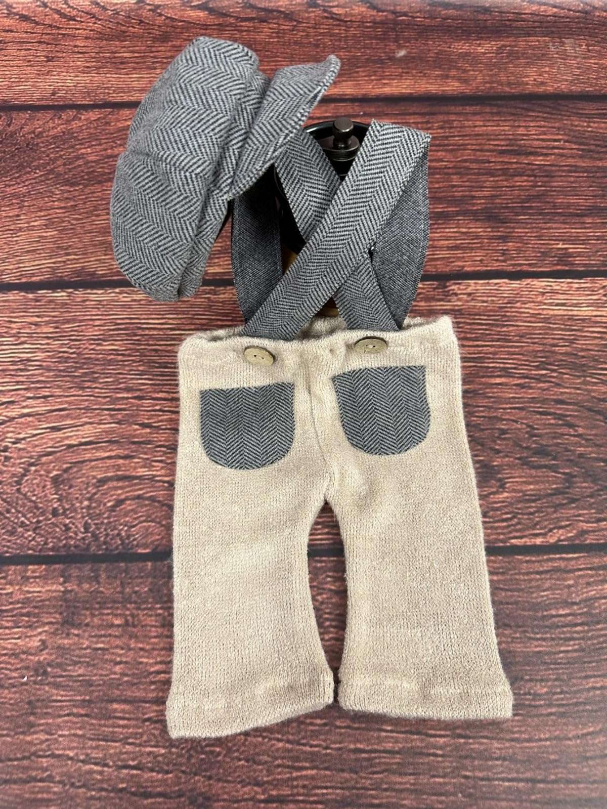 Vomdrok Newborn Photography Props: Grey Gentleman Suit with Hat & Suspender Pants - Unisex, Newborn (0-3 months) - Perfect for Baby Photography, Gifts 5
