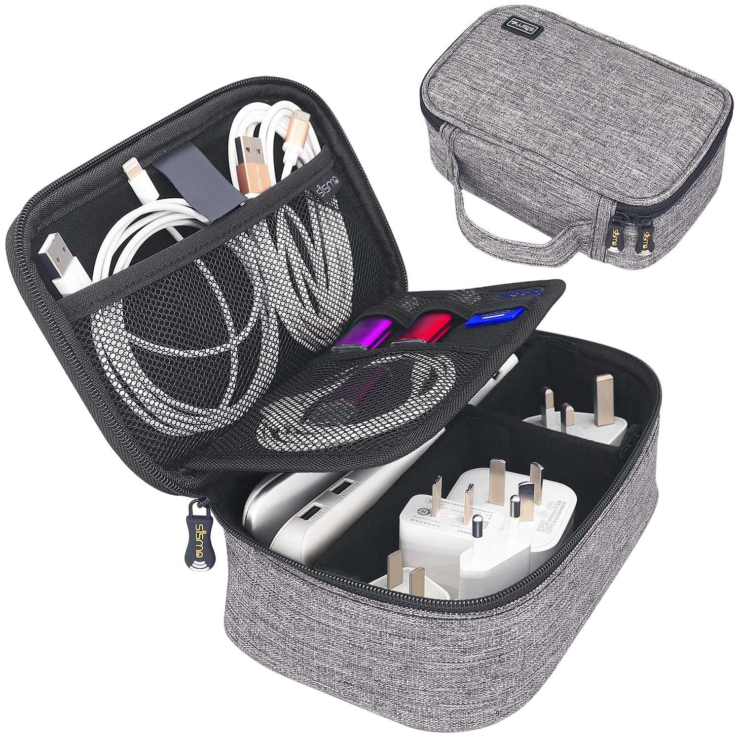 sisma Electronics Cords Organizer Tech Accessories Storage Case Travel Small Carrying Bag for Charging Cables Adapter USB Plugs Power Cord Leads - Grey 1680d 1