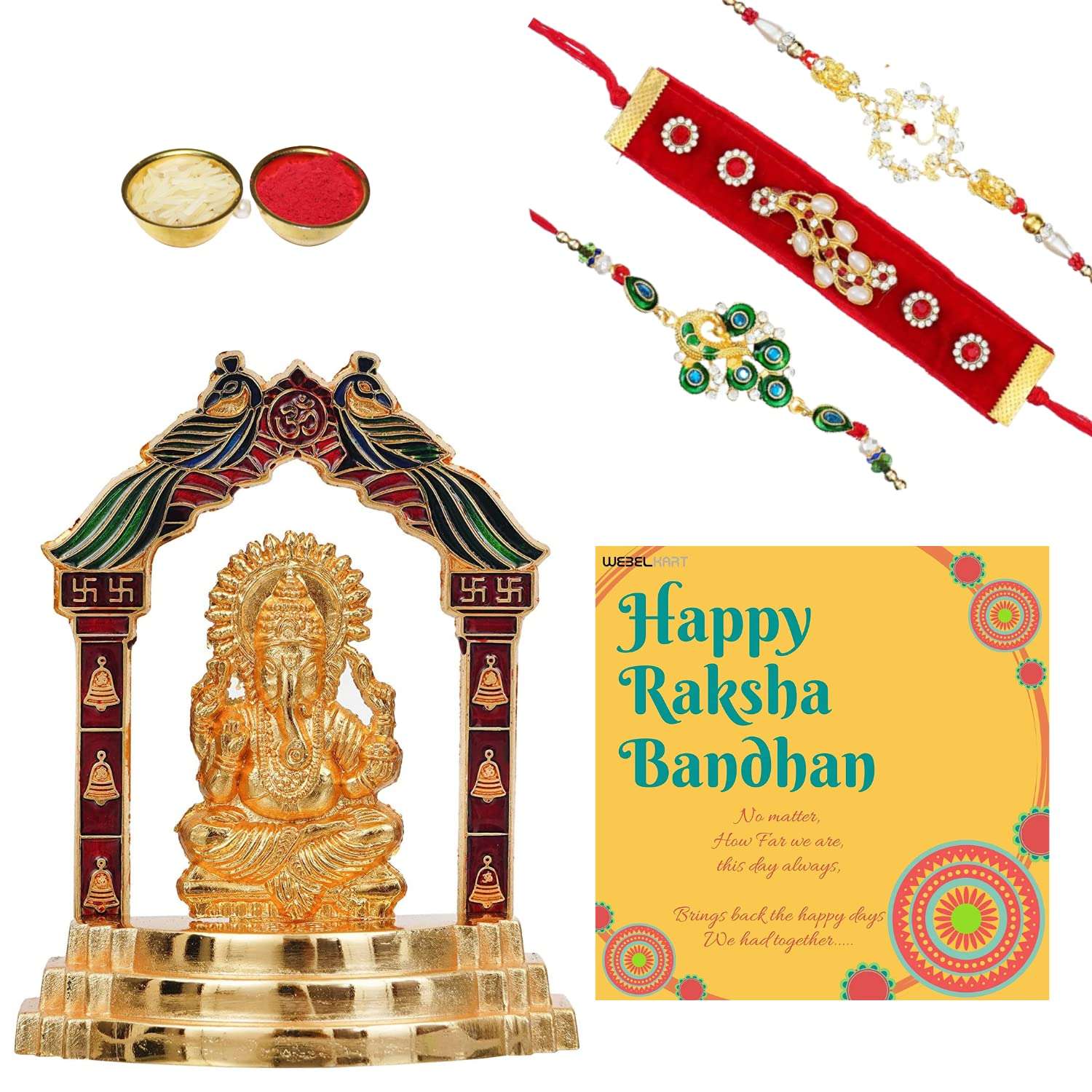 Webelkart Premium Combo of 3 Designer Rakhi for Brother and Bhabhi and Kids, 1 Greeting Card and Roli Chawal Pack with Premium Lord Ganesha Gold Plated Statue 1