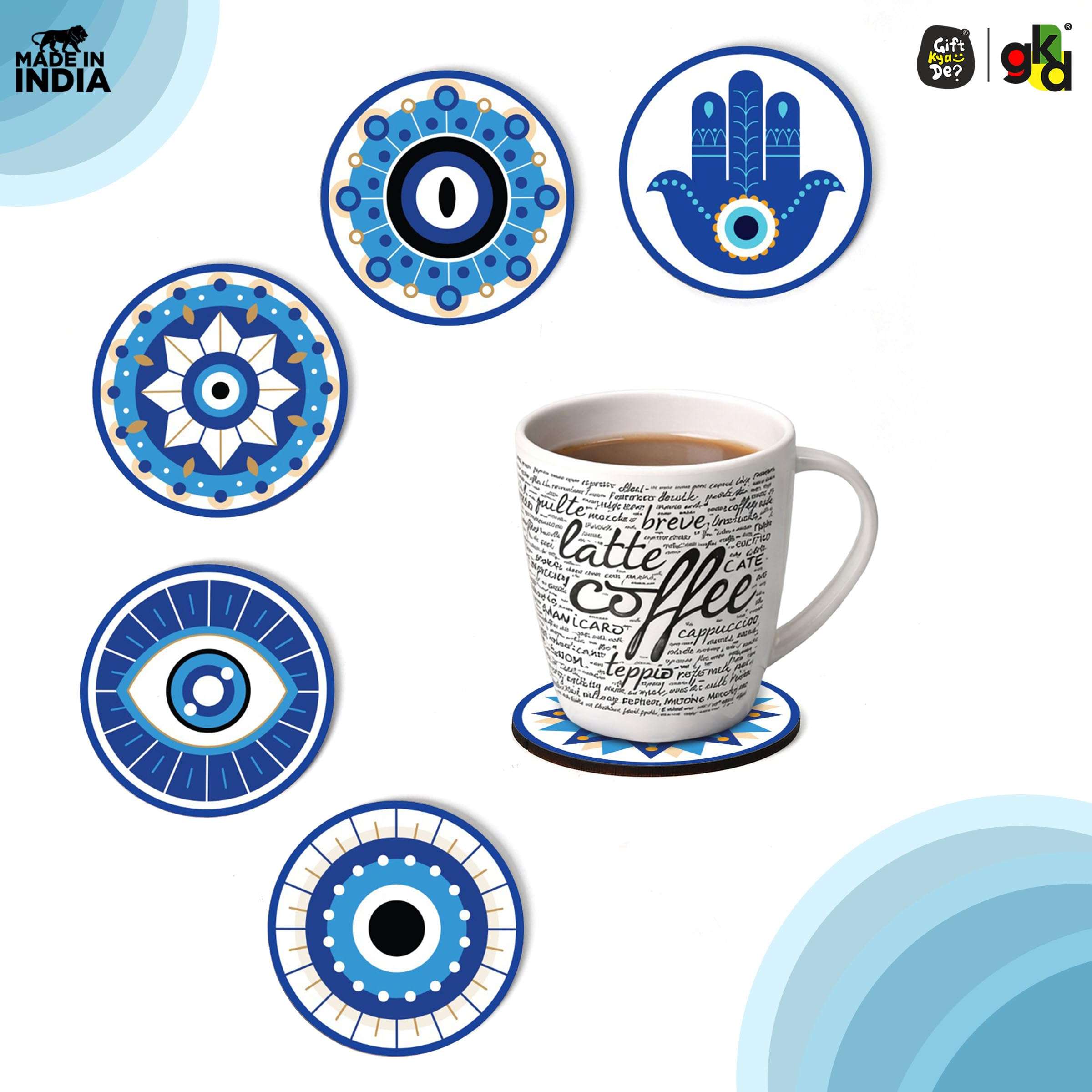 GKD Coaster Set of 6 Beautiful Wooden Evil Eye Theme Design Coasters with Proper Coaster Stand | Designer Coaster Set fit for Tea Cups, Coffee Mugs and Glasses | 6 pc Round 3.5 x 3.5 inch (Evil Eye) 6