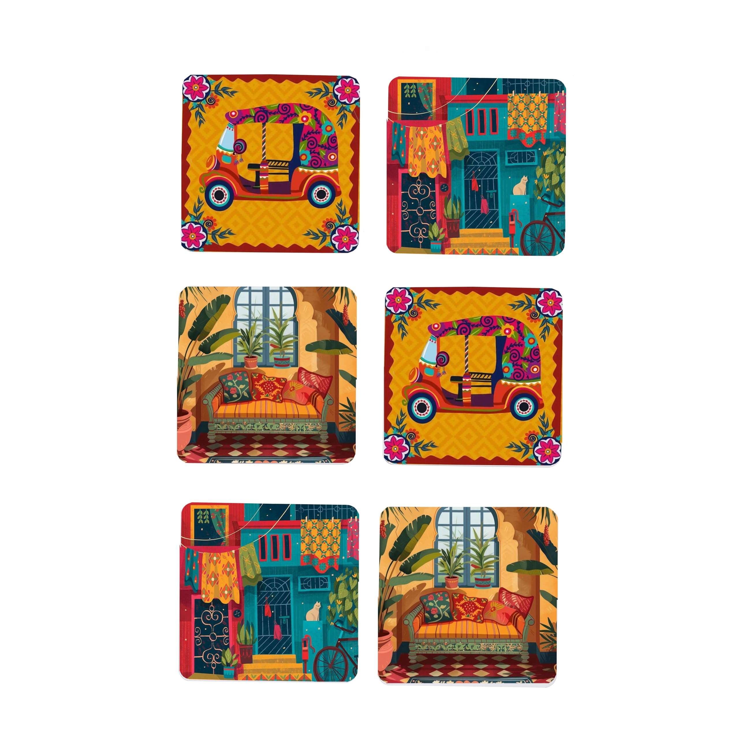 TAJNAN Indian Art Printed Coaster Set of 6 Beautiful Wooden Coasters with Plastic Coating Proper Coaster Stand Designer (taj-Coaster-auto-h) 1