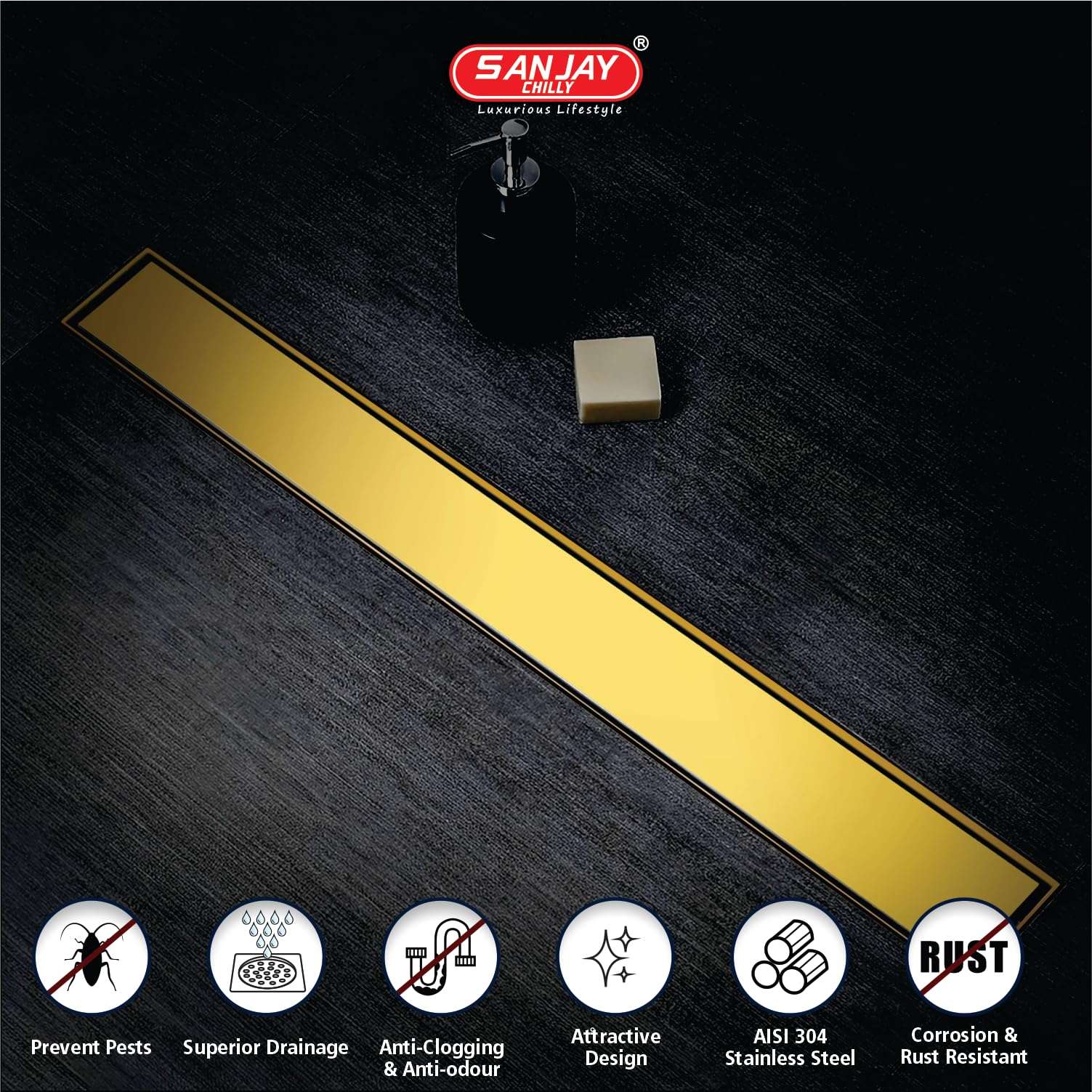 SANJAY CHILLY Stainless Steel Shower Channel Marble Drainer 304 Grade Bathroom Gratings Colour Collection 21MM Tile Insert Floor Drain Strainer with Cockroach Trap (Side Hole - Pure Gold 36x4 INCH) 5