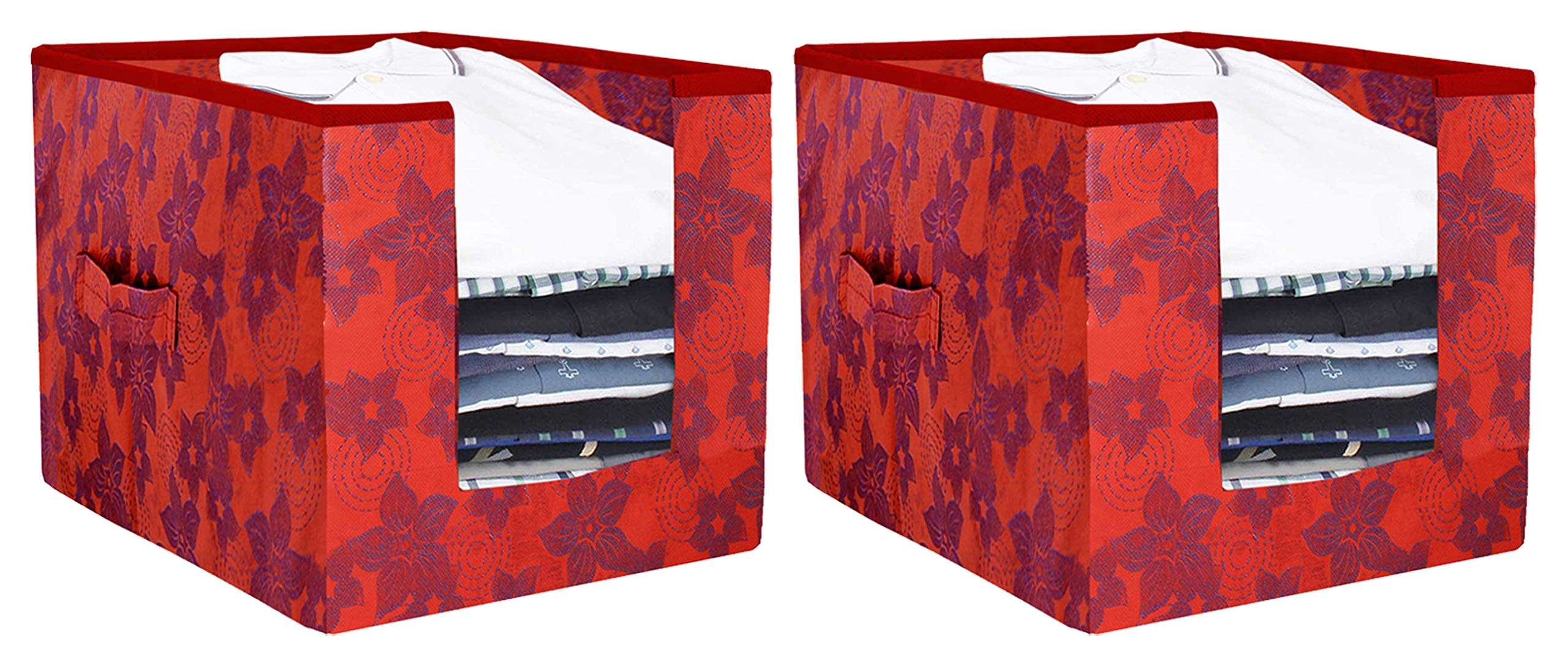 Kuber Industries Metallic Printed 2 Piece Non Woven Shirt Stacker Wardrobe Organizer Set, (Red) - CTKTC034882