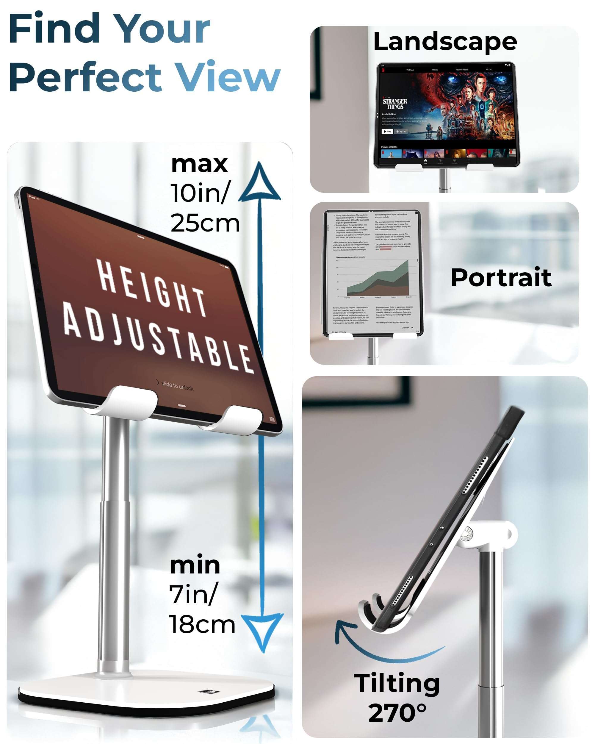 COOPER TabHolder, 7-10" Height Adjustable Tablet Stand, Premium iPad Stand for Desk, 270° Tilt iPad Holder for Desk, Tablet Holder, 15.6-17" Portable Monitor Support (Black) 4