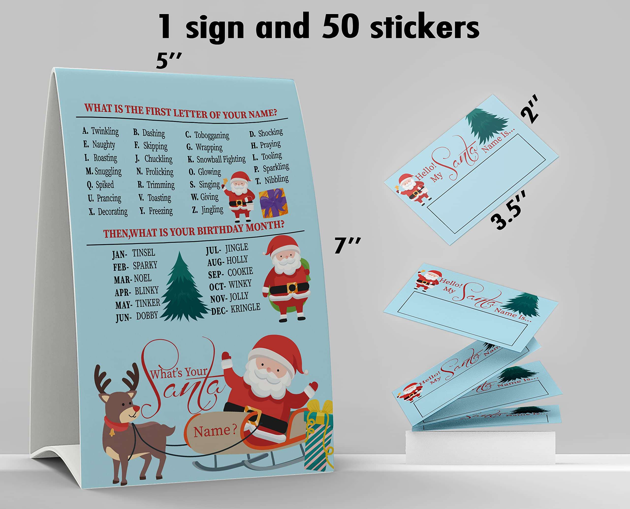 What's Your Santa Name Game, 1 Santa Theme Sign and 50 Name Tag Stickers, Christmas Party Games, Birthday Game for Kids and Adult Parties, Activity Game for Office or Class | JRKP059L 3