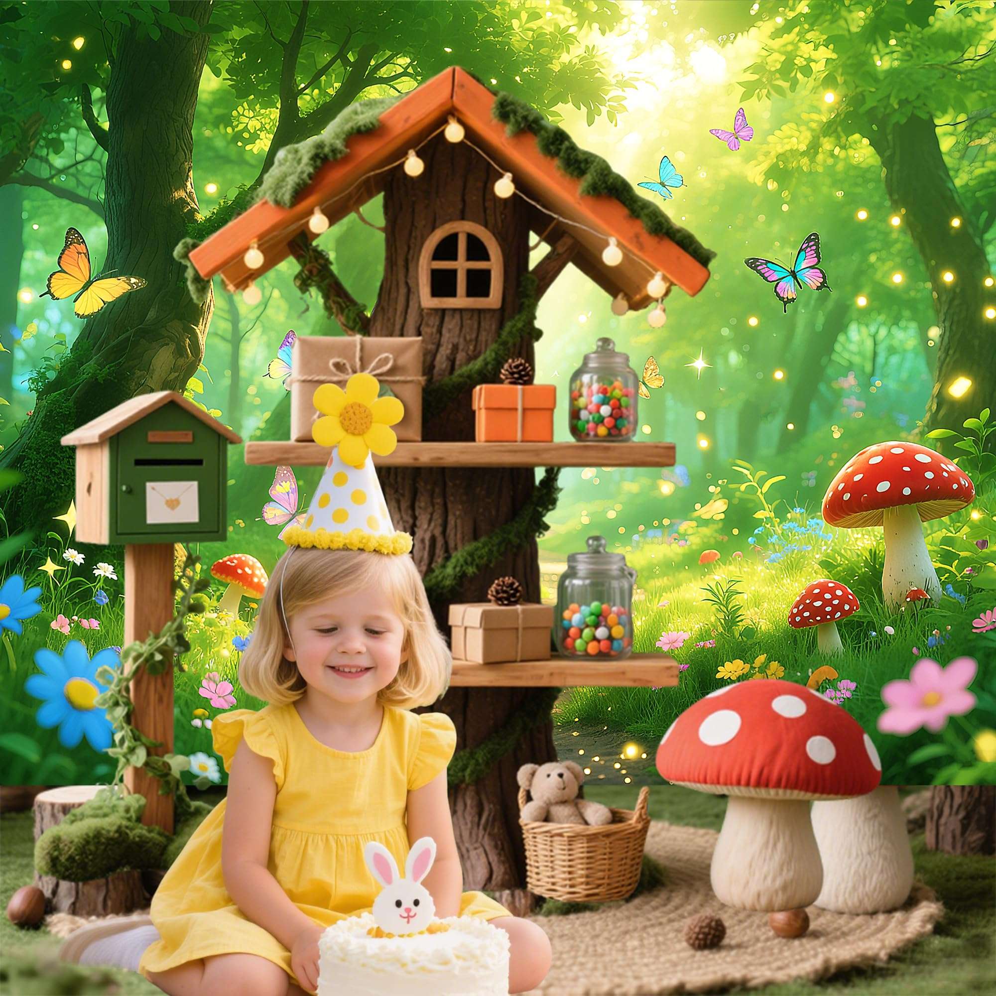 7x5FT Enchanted Forest Backdrop with 19.68FT Ribbon - Magic Fairy Garden Photography Background for Party, Birthday Decor, Spring Photo Booth Props 5