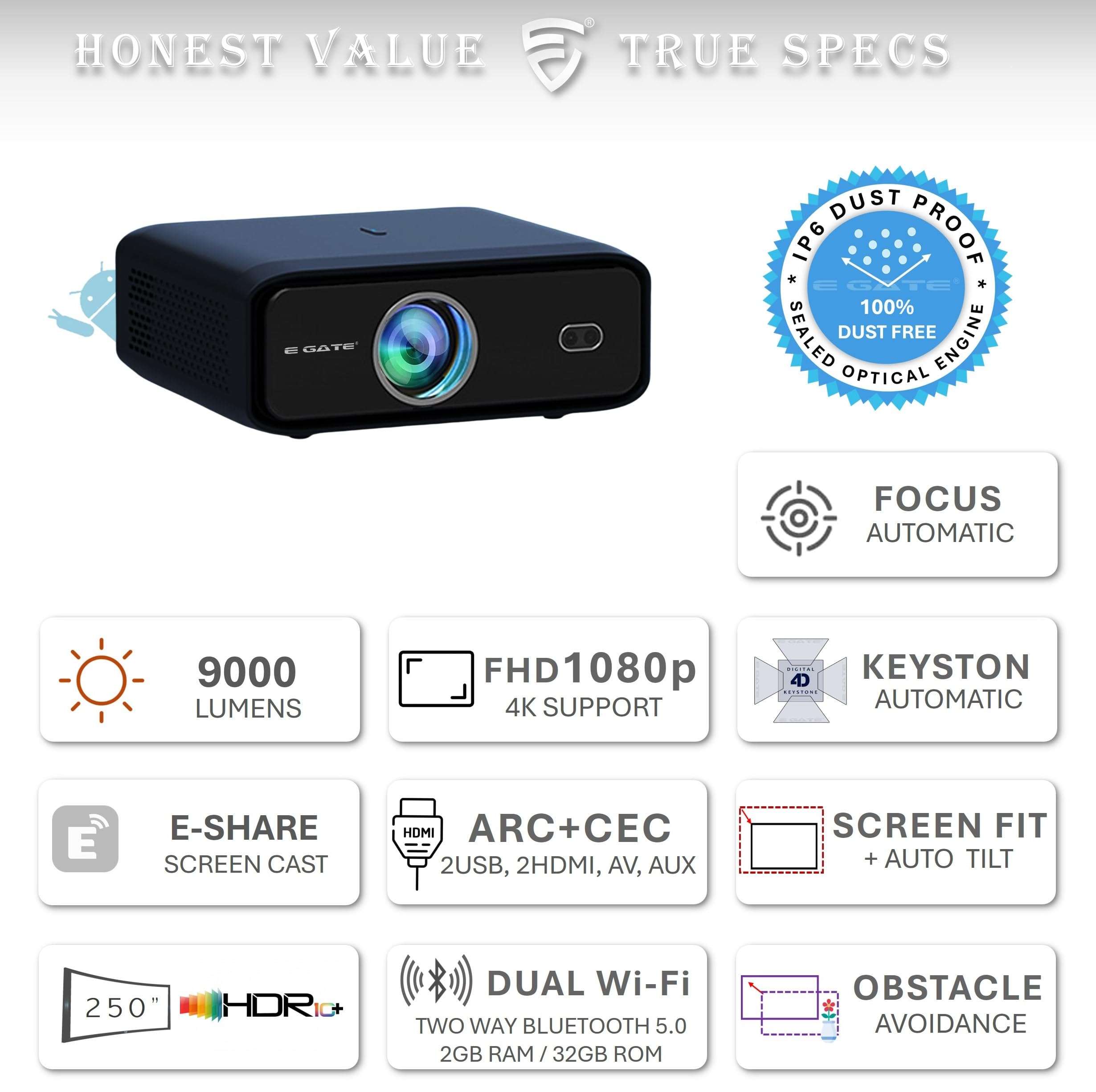 E Gate New i9 Pro Projector, 6900L 420 ANSI 2X Brightness, Android 1080p & 4K Support, Digital Focus & Digital Keystone, Bluetooth, ARC HDMI, USB, AV, WiFi, 720 Native, PreLoaded Apps, ScreenCast 3