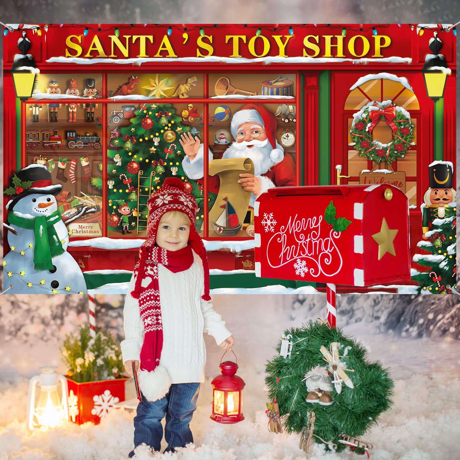 Christmas Party Photography Backdrop Banner Santa's Toy Shop Christmas Store Background Santa Store Photo Backdrop Santa's Toy Shop Background for Xmas Party Holiday Party Supplies, 72.8 x 43.3 Inch 6