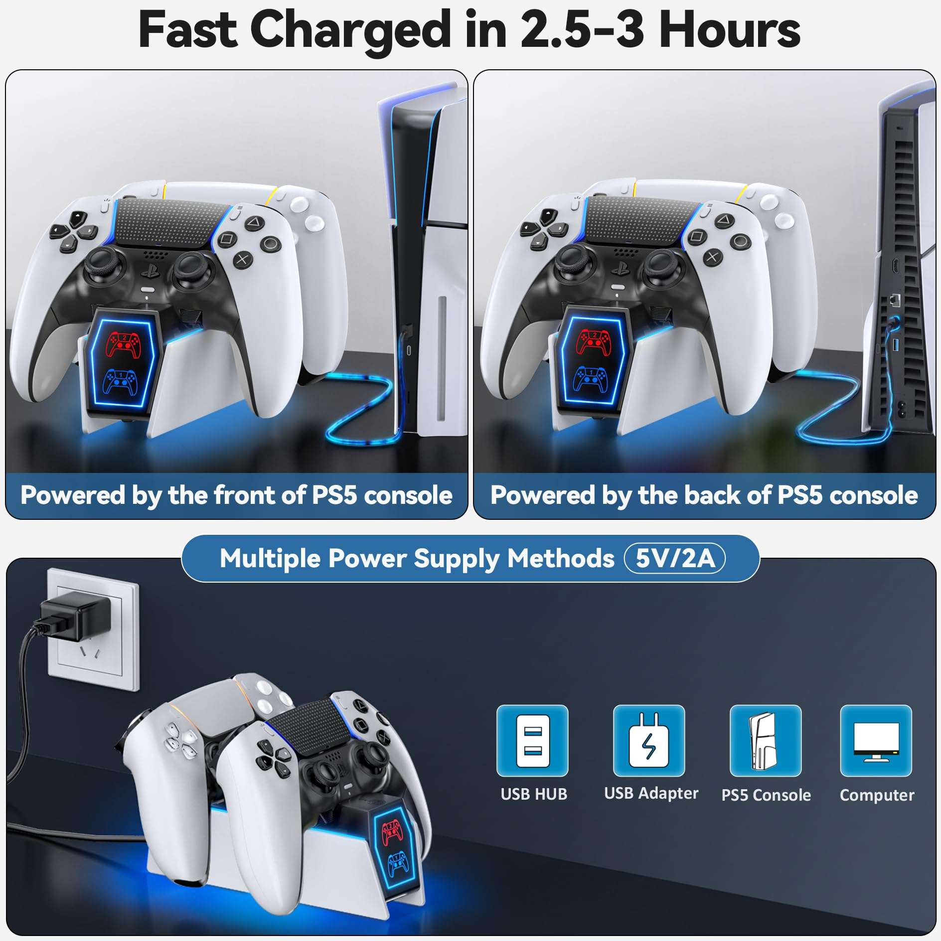 PS5 Controller Charging Station with 9 RGB LED Lights, PS5 Charger Station Compatible with PlayStation Console Skin Original & Edge Controller, PS5 Controller Accessories Charging Dock Stand 3